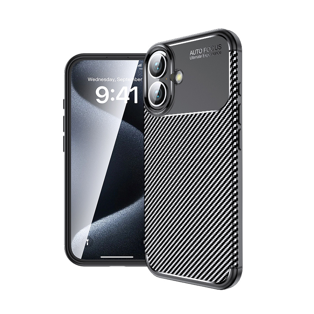 Karbon fiber desenli kılıflı siyah akıllı telefon ve iki kamera.
