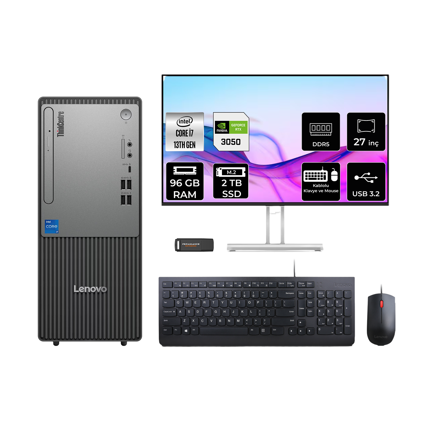 LENOVO ThinkCentre Neo 50T RTX3050 6 GB 27" 12UB000HTRP1099 PER4 Bellek Intel Core i7-13700 96 GB RAM 2 TB SSD FreeDOS Masaüstü Bilgisayar