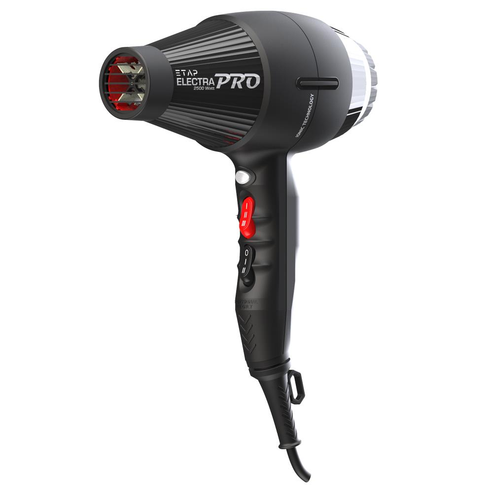 Kırmızı vurgular ve gümüş detaylara sahip siyah ETAP ELECTRA PRO 2500 Watt saç kurutma makinesi.