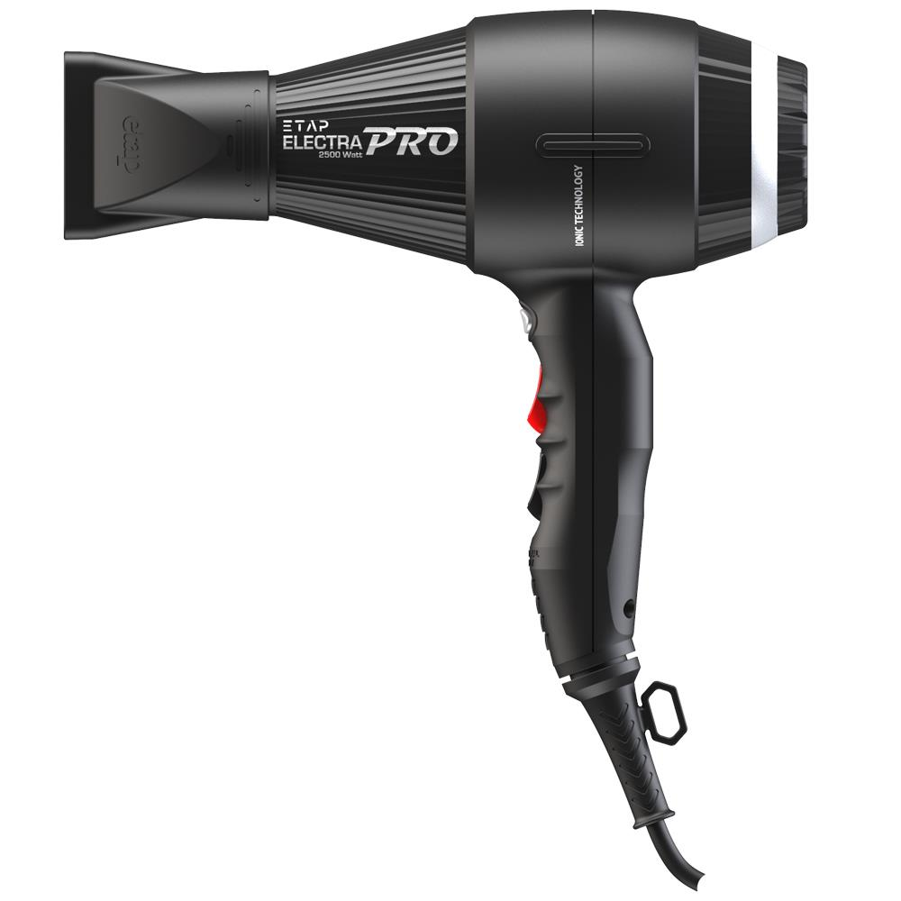 "ELECTRA PRO" logolu, kırmızı düğmeli, gümüş şeritli siyah saç kurutma makinesi.