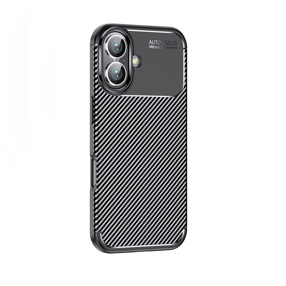Karbon fiber desenli ve çift kamera kesimli siyah telefon kılıfı.