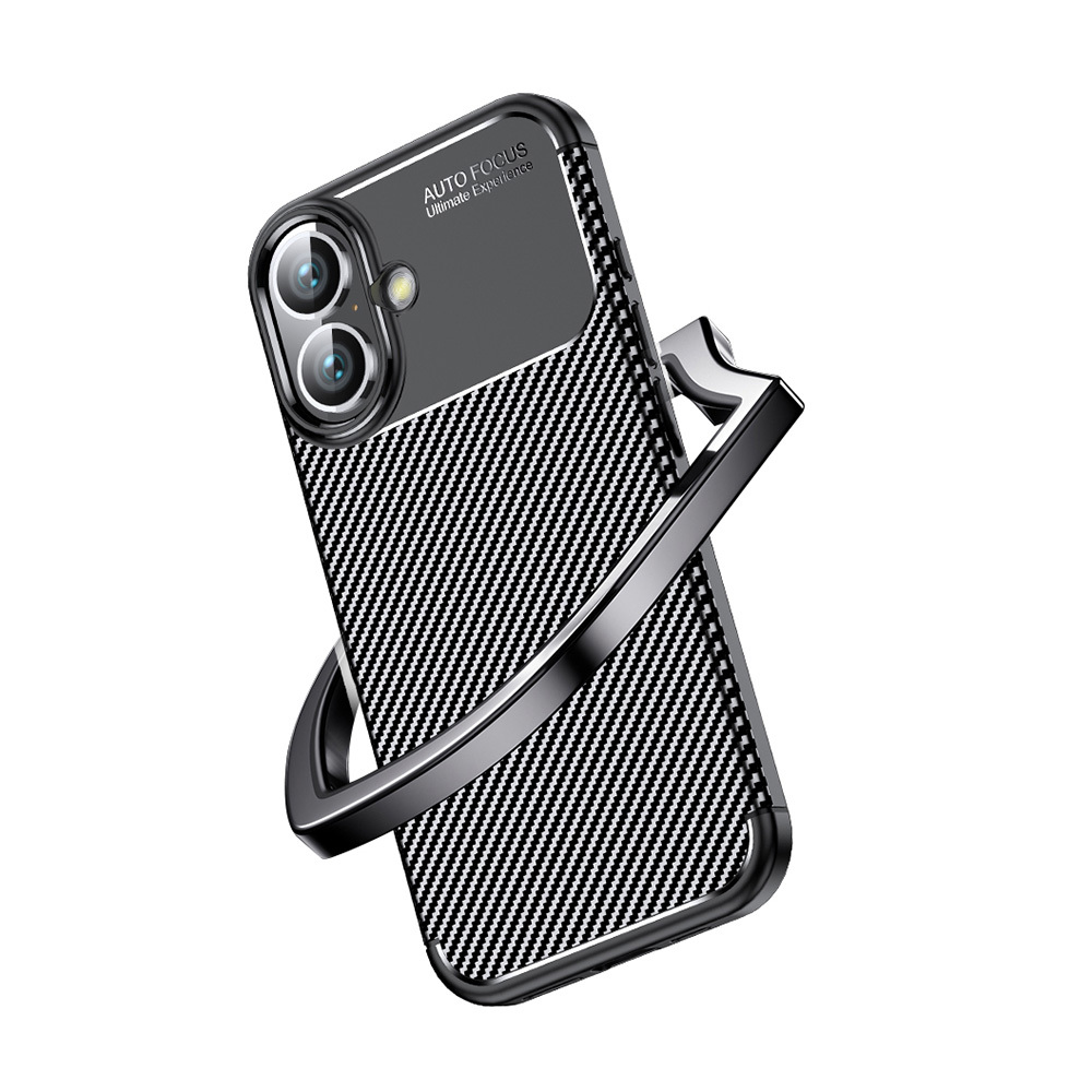 Karbon fiber desenli ve halka tutuculu siyah telefon kılıfı.