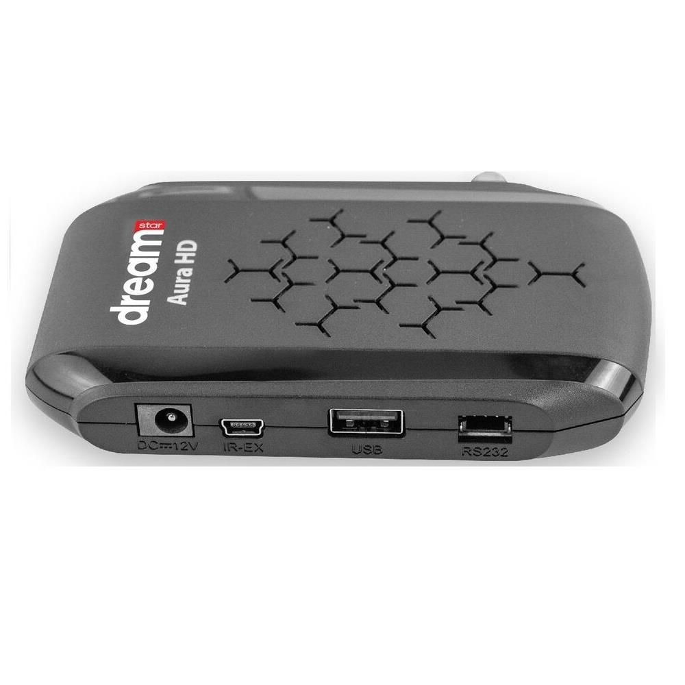 'dream Aura HD' logolu siyah alıcı, DC, IR-EX, USB ve RS232 bağlantı noktaları.