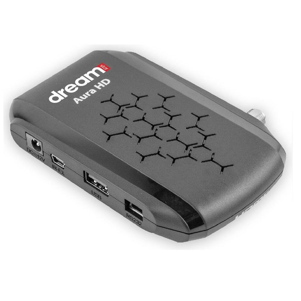 Siyah Dream Aura HD uydu alıcısı, bağlantı noktaları: DC 12V, IR-EX, USB, RS232.