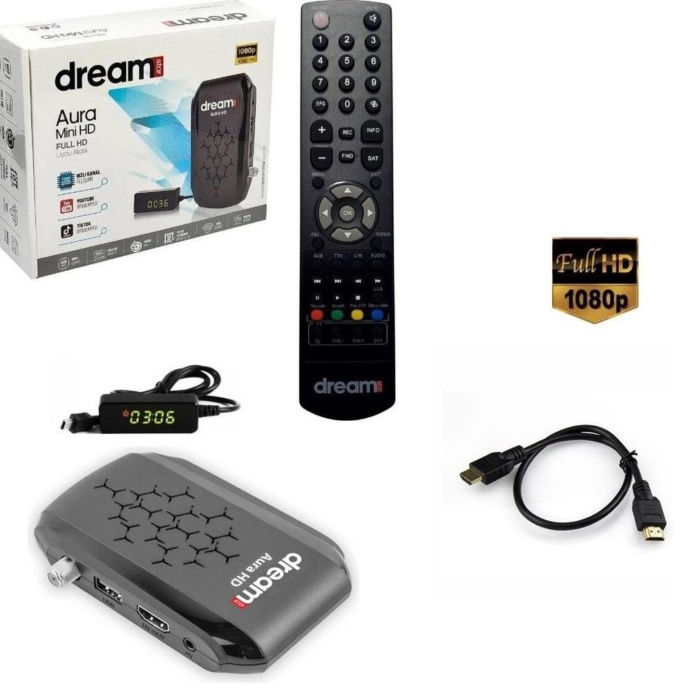 Dream Aura Mini HD uydu alıcısı, uzaktan kumanda, kablolar ve kutusu.