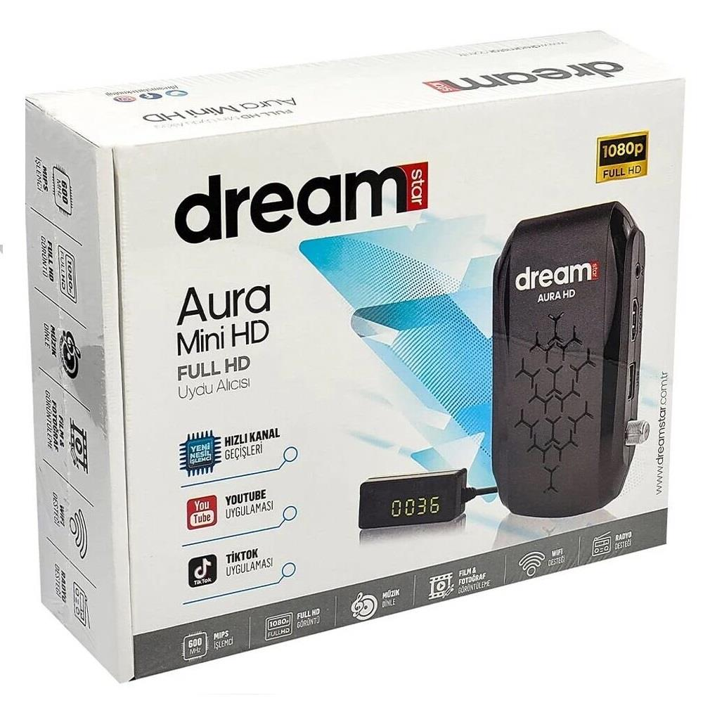 Dreamstar Aura Mini HD uydu alıcısı kutusu, ürün ve özelliklerini gösteriyor.