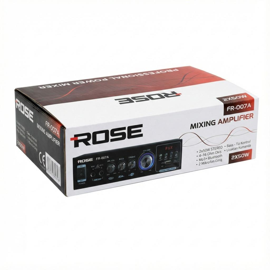 Kontrolleri, ses düğmesi ve bağlantı noktaları olan Rose FR-007A mikser amplifikatör.