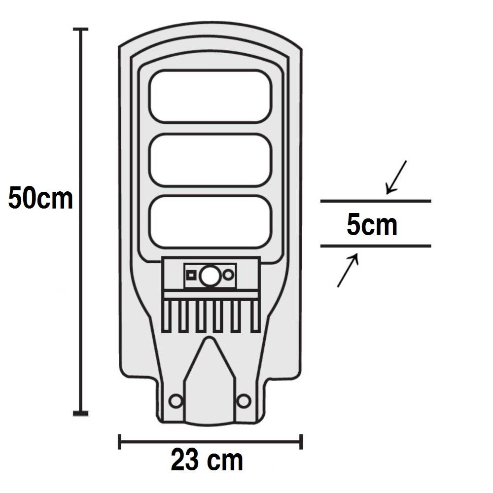 Bir lambanın teknik çizimi, boyutlar: 50cm uzunluk, 23cm genişlik, 5cm derinlik.