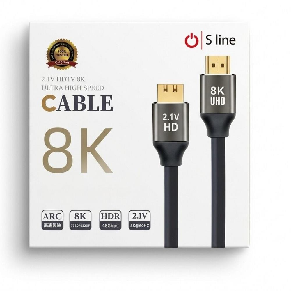 S-Line logolu ve konnektörlü 8K HDMI kablosu ambalajı.