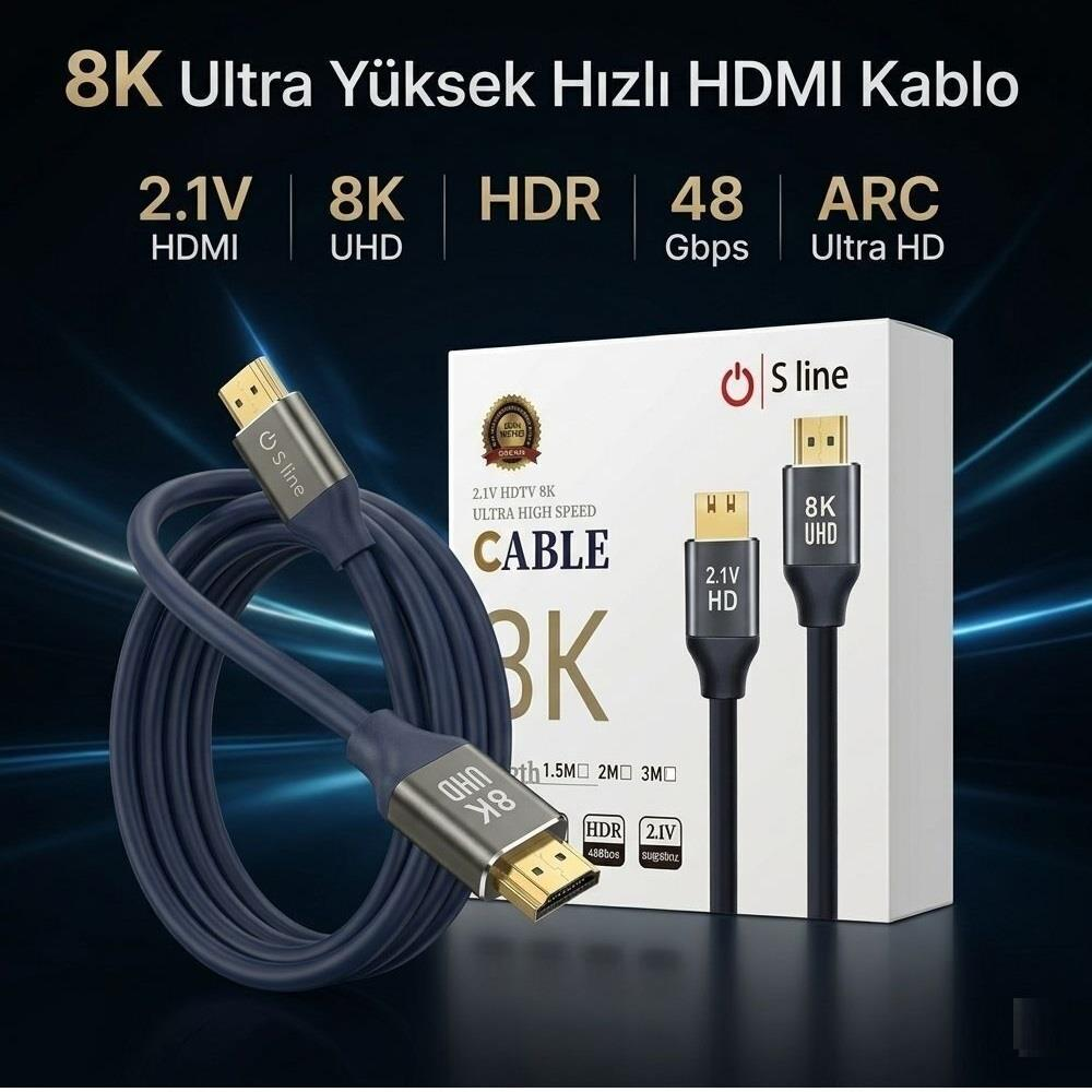 Altın konnektörlü, 8K çözünürlüğü destekleyen lacivert HDMI kablosu.