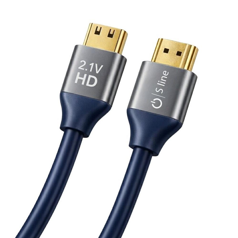 Mavi kablolu ve gümüş uçlu iki HDMI kablo konektörü.