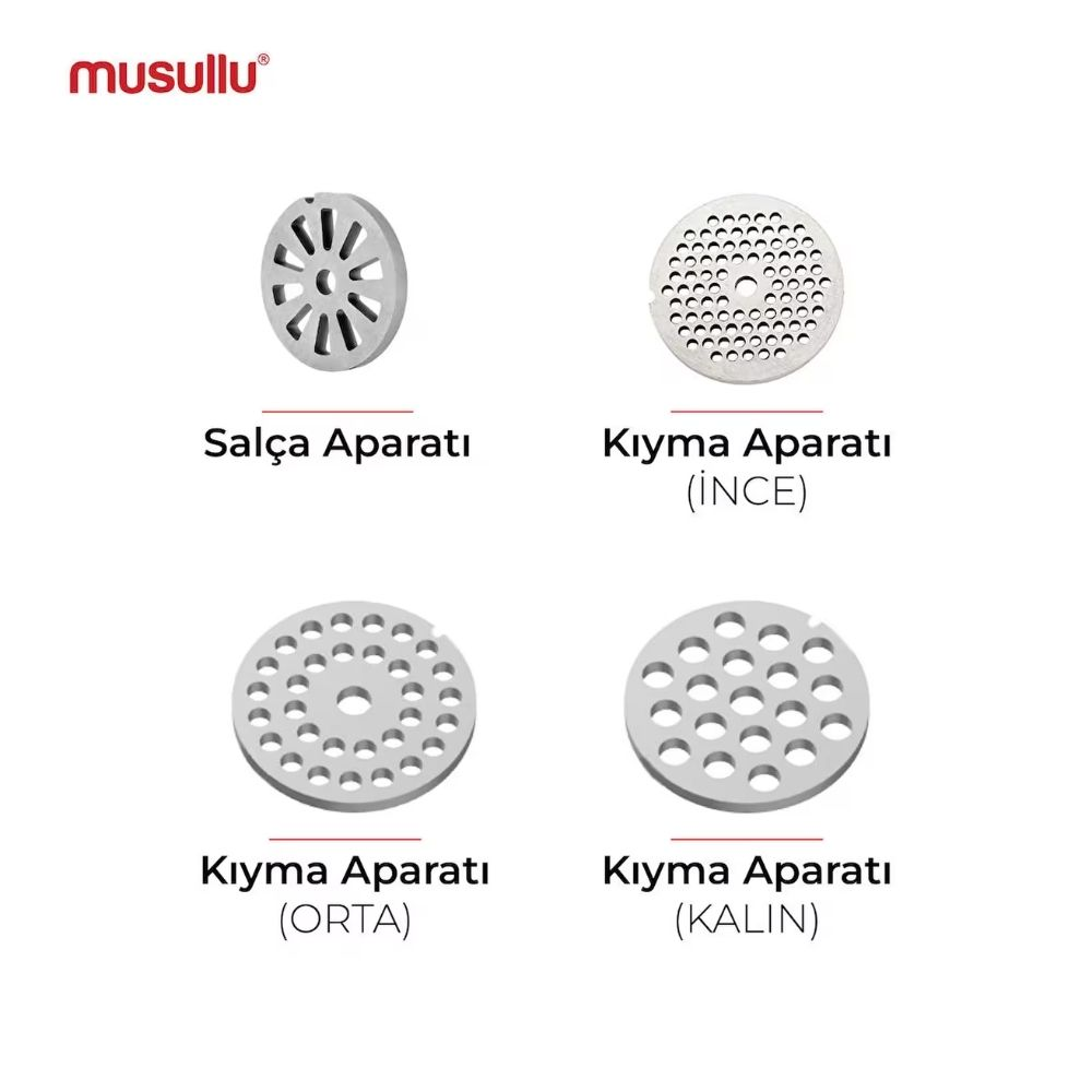 Farklı delik desenlerine sahip dört yuvarlak kıyma makinesi diski.