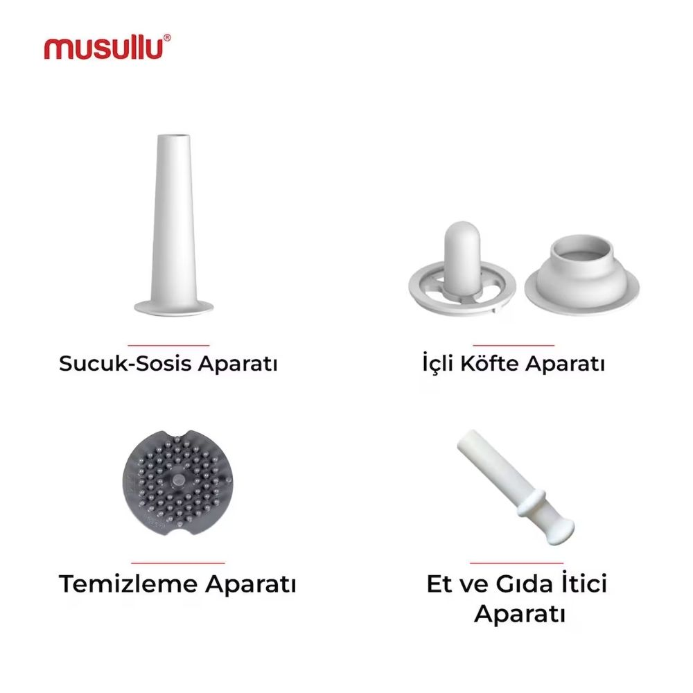Beyaz kıyma makinesi aparatları: sucuk-sosis, içli köfte, temizleme ve gıda itici.