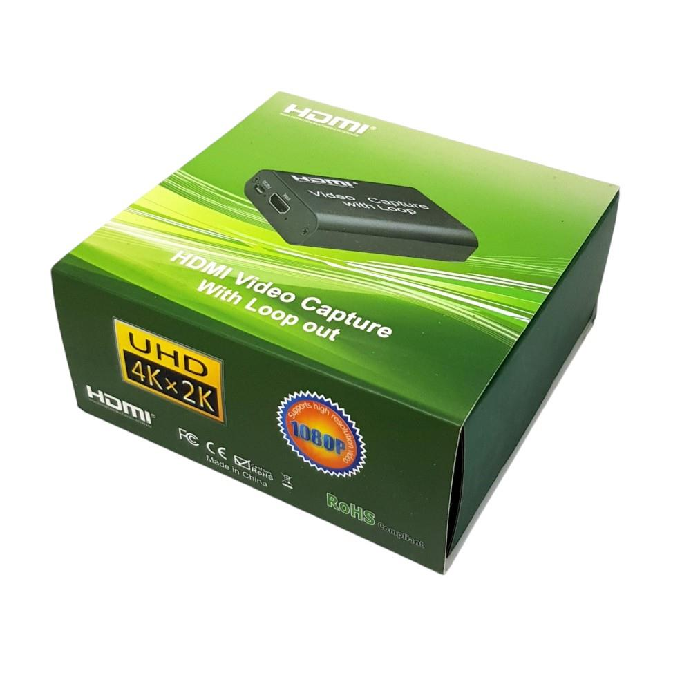 4K/1080P destekli HDMI video yakalama cihazını içeren yeşil kutu.