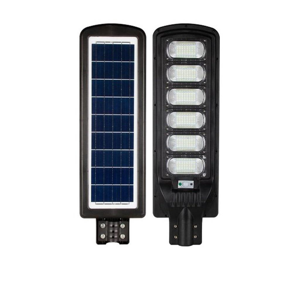 Güneş panelli ve LED'li siyah güneş enerjili sokak lambası başlığı.