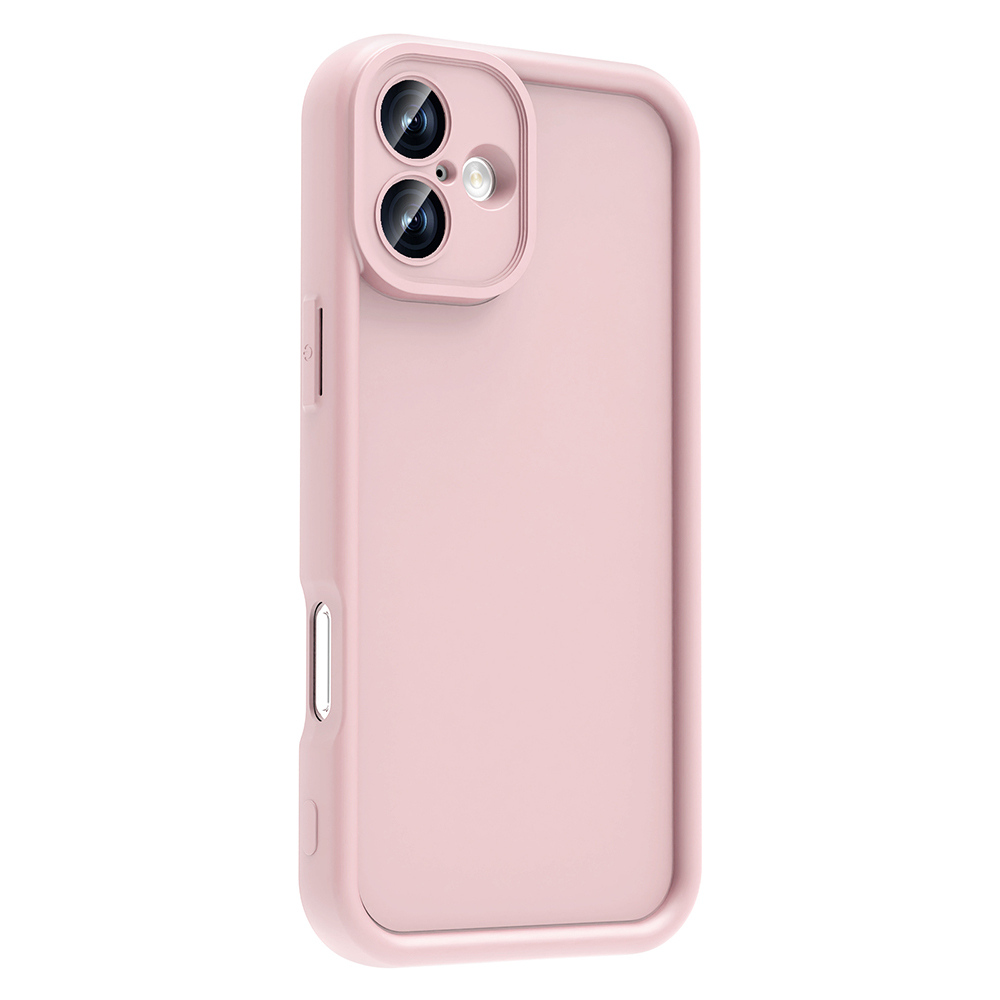 Arkada kamera modülü bulunan pembe bir telefon kılıfı.