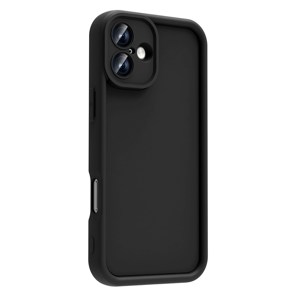 Arkada iki kamera ve flaşlı siyah bir iPhone kılıfı.