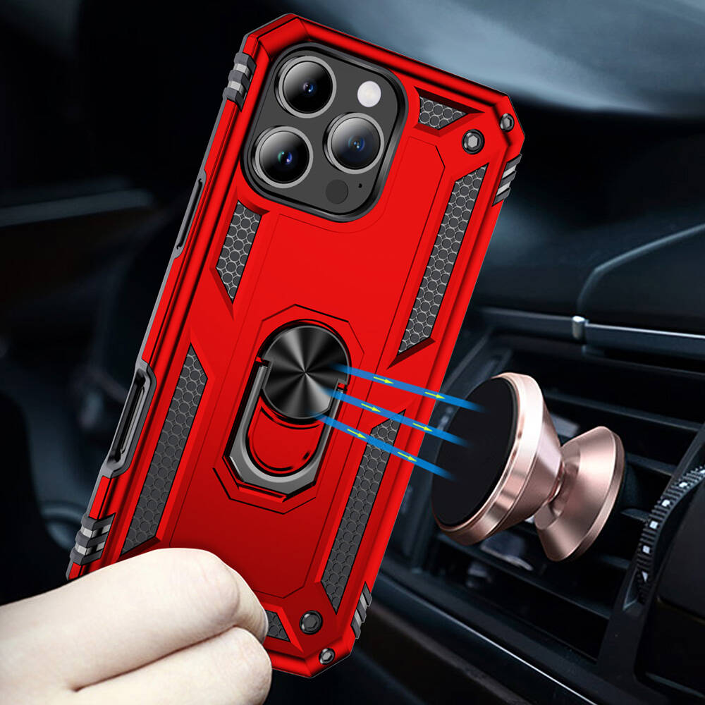 Halka tutuculu kırmızı telefon kılıfı araç hava mazgalına takılı.