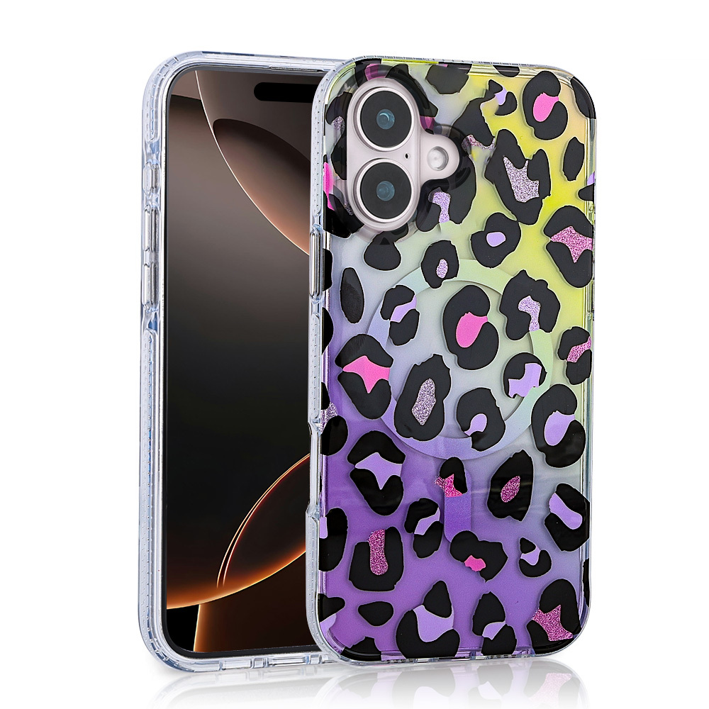 Leopar desenli ve degrade renkli şeffaf telefon kılıfı.