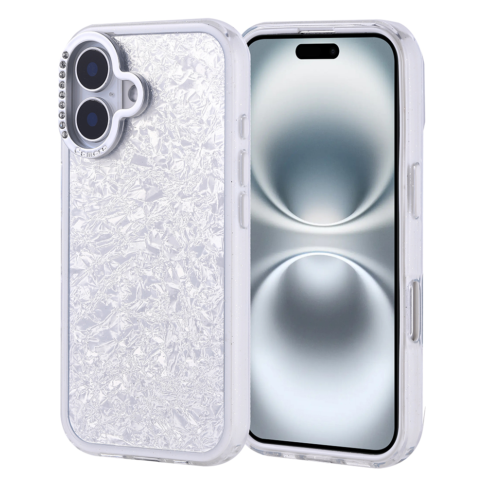 Dokulu desenli ve iki kamera lensli beyaz, simli telefon kılıfı.