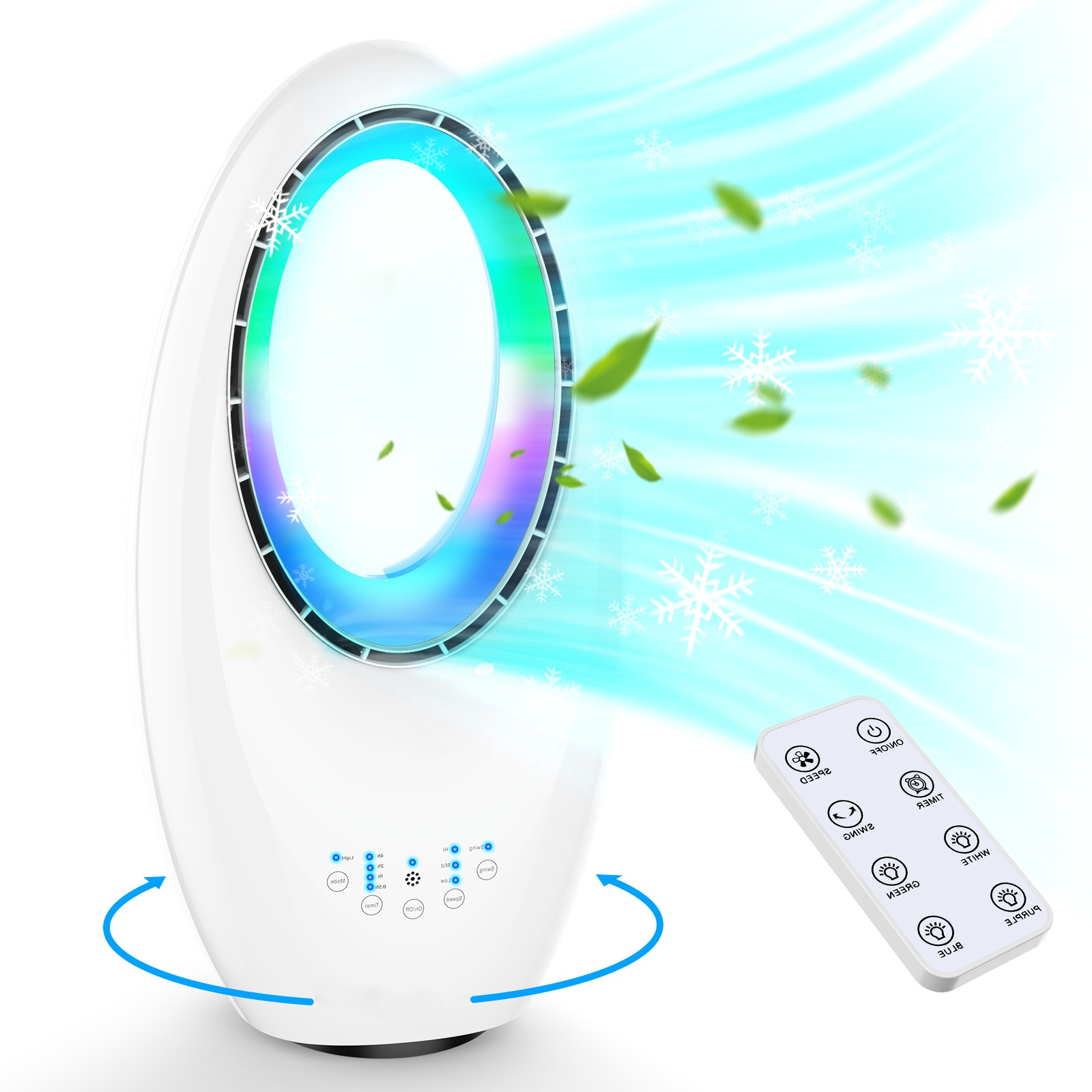 Ein weißer Turmventilator mit bunten Lichtern, Blättern und Schneeflocken.