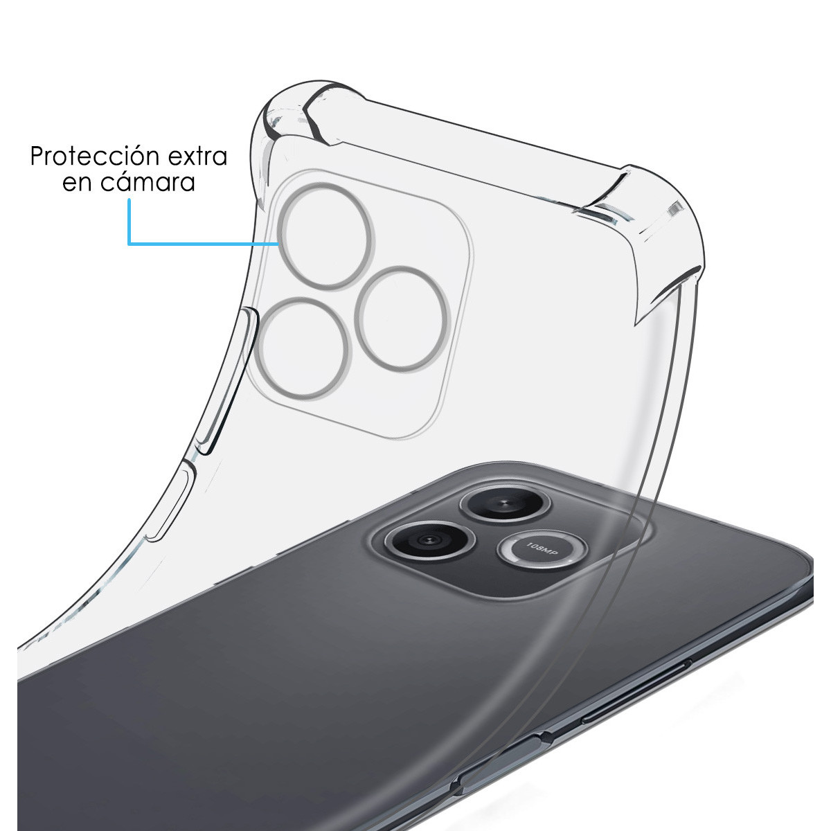 Funda transparente para teléfono muestra protección de cámara.