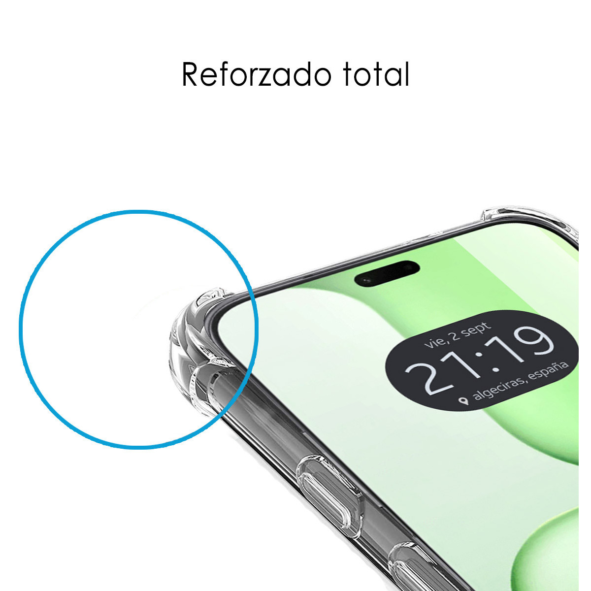Una funda transparente protege la esquina de un smartphone con fondo verde.