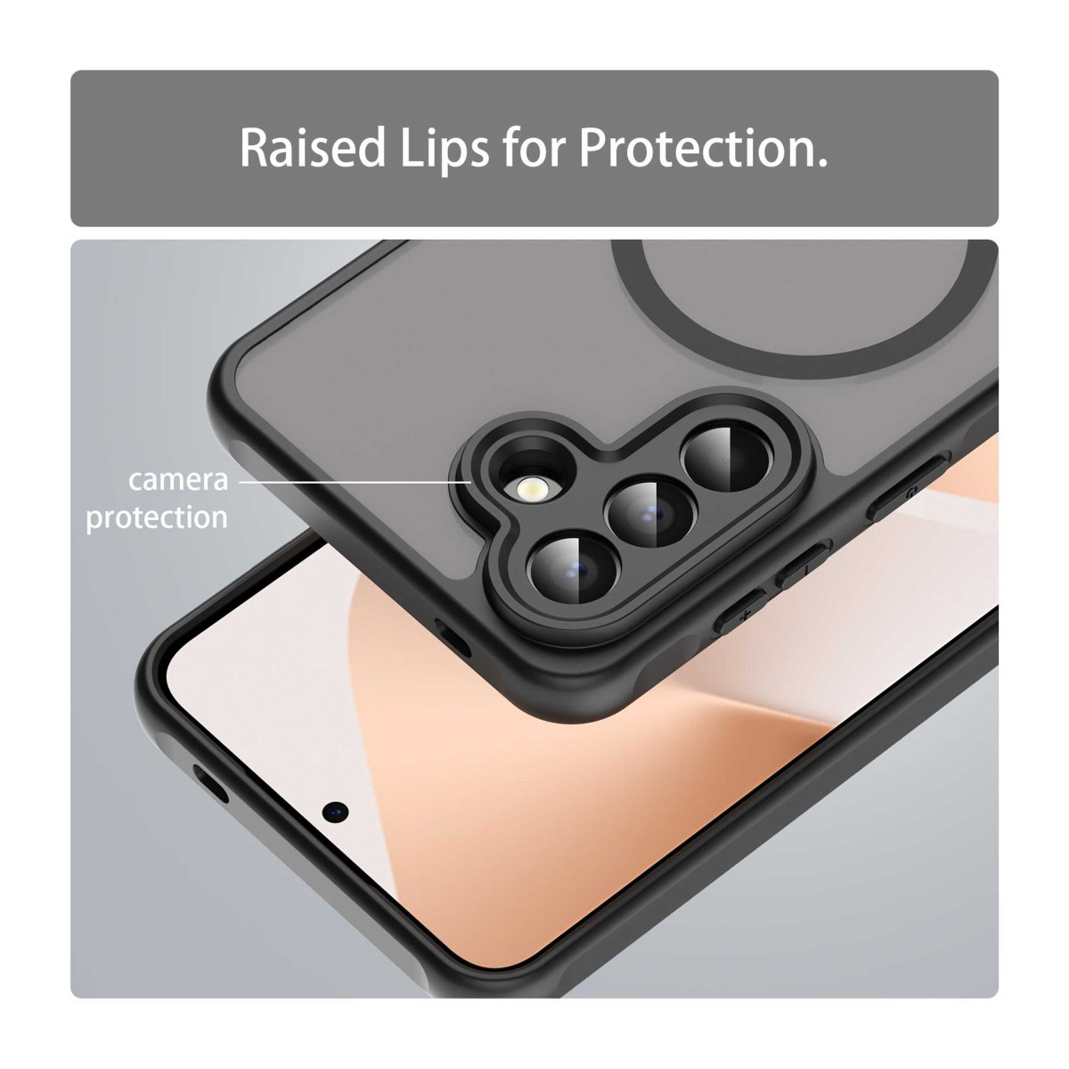 Funda negra para teléfono con bordes elevados para protección de cámara.