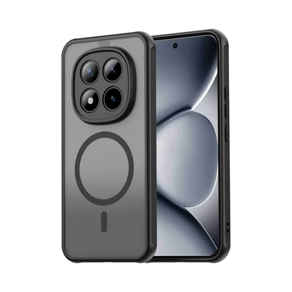 Una funda de teléfono negra con cuatro cámaras y un anillo magnético.