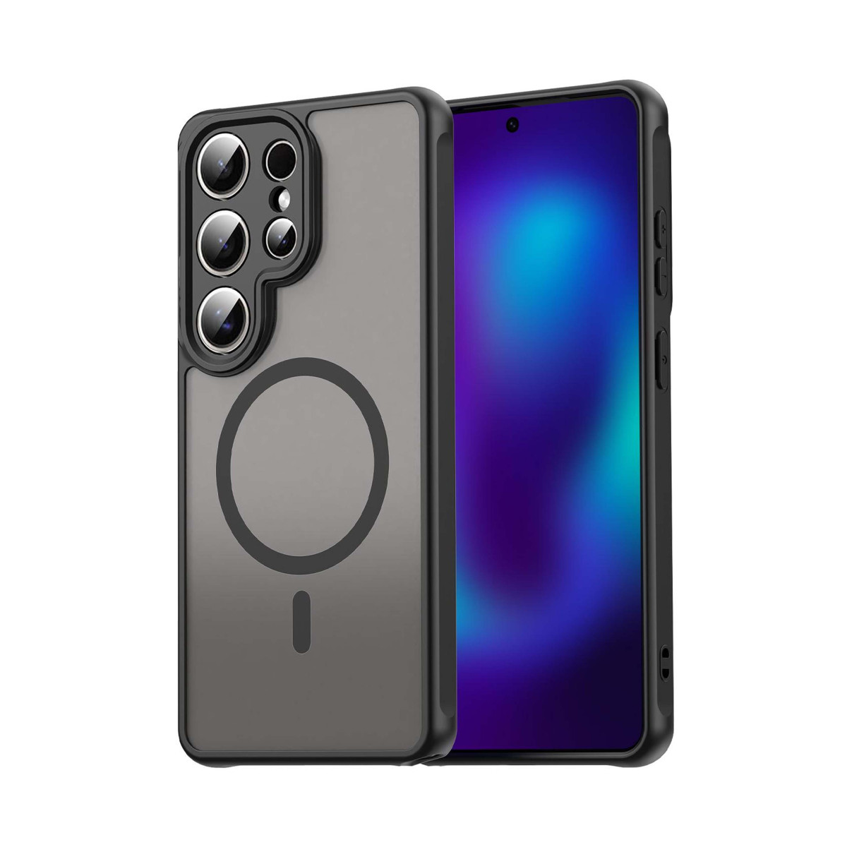Una funda de teléfono oscura con un anillo magnético circular en la parte posterior, junto a un teléfono.