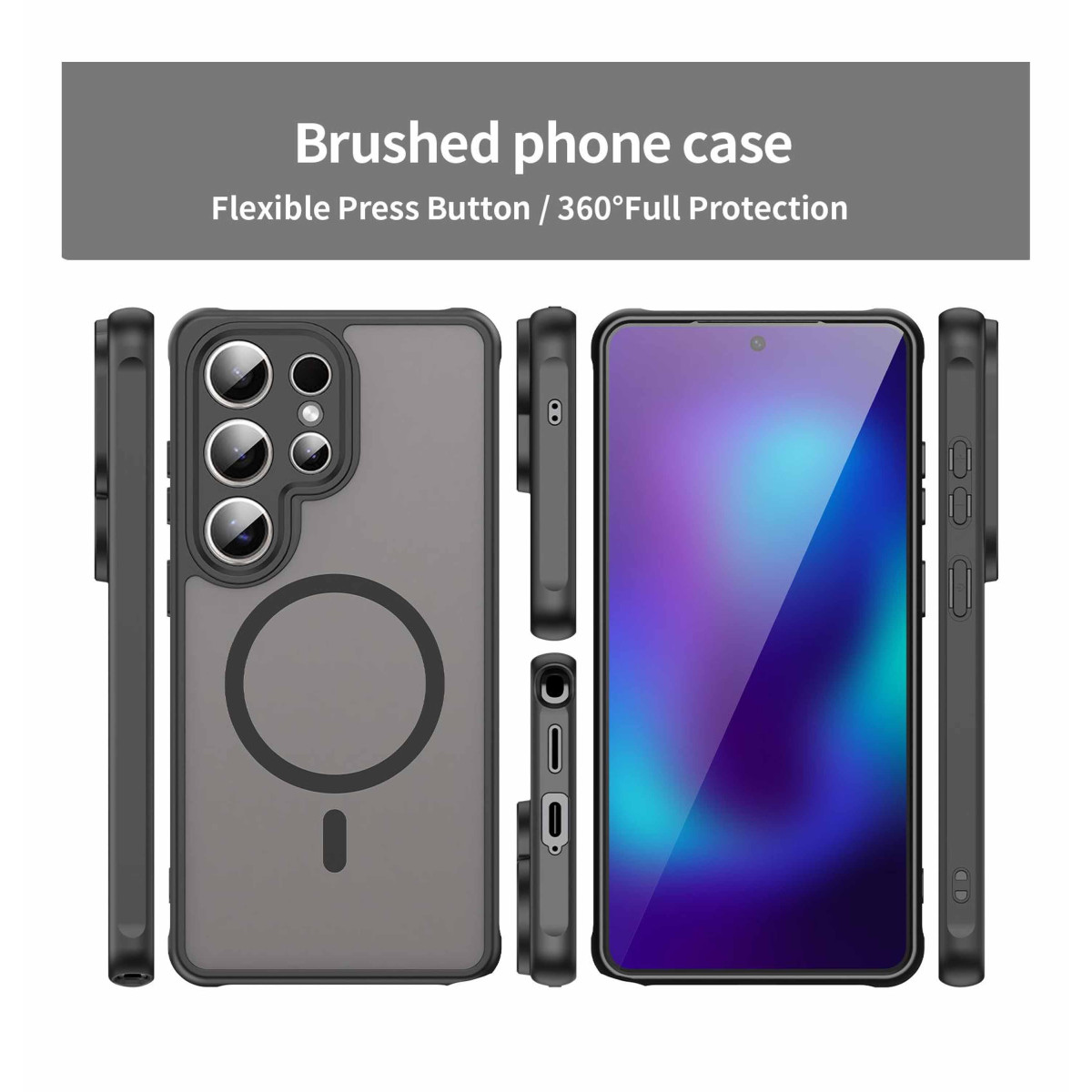 Funda de teléfono cepillada: trasera, vistas laterales y frontal con pantalla.