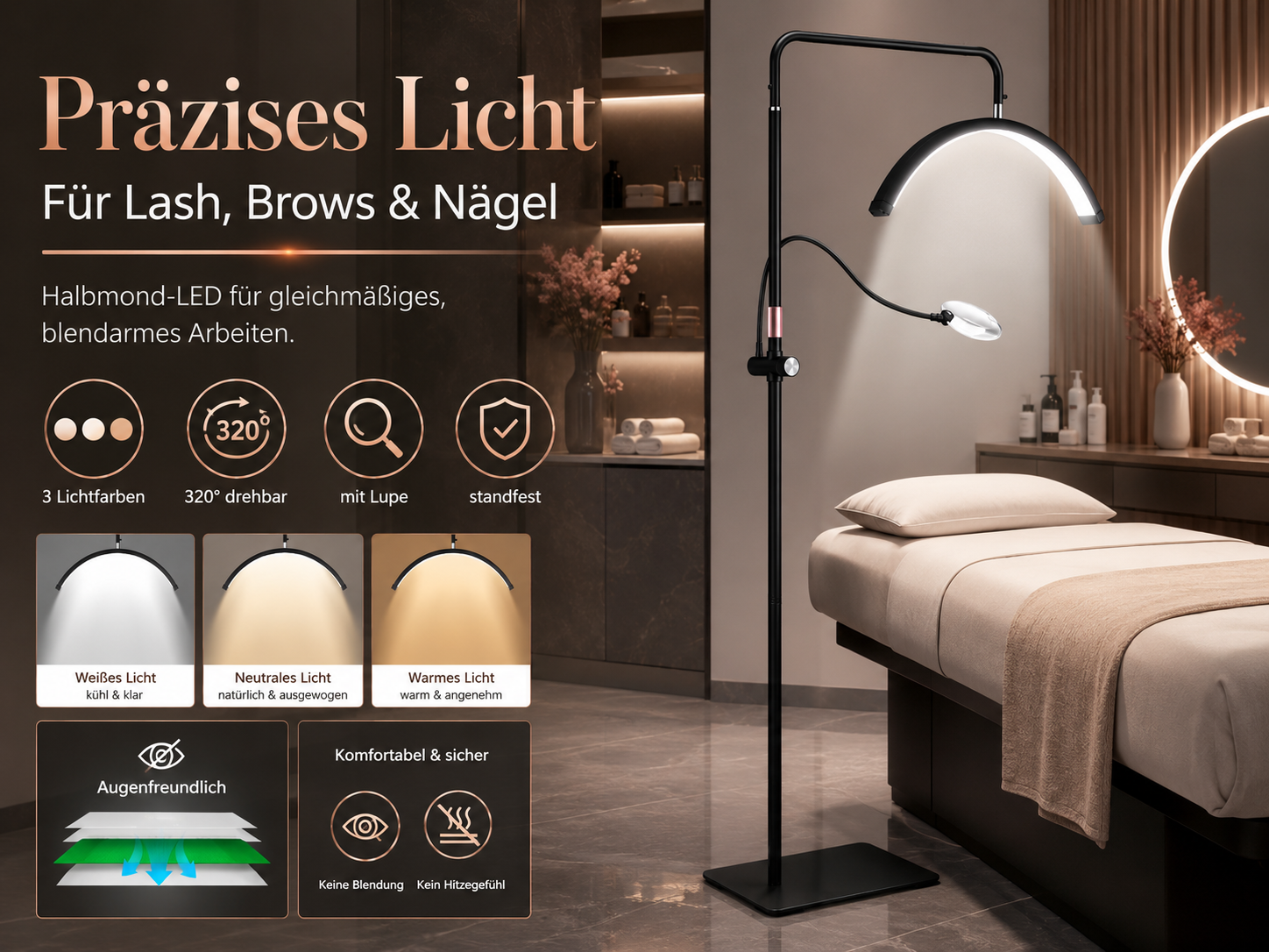 Ein heller LED-Ringlicht-Ständer steht neben einem Behandlungsbett in einem modernen Salon.
