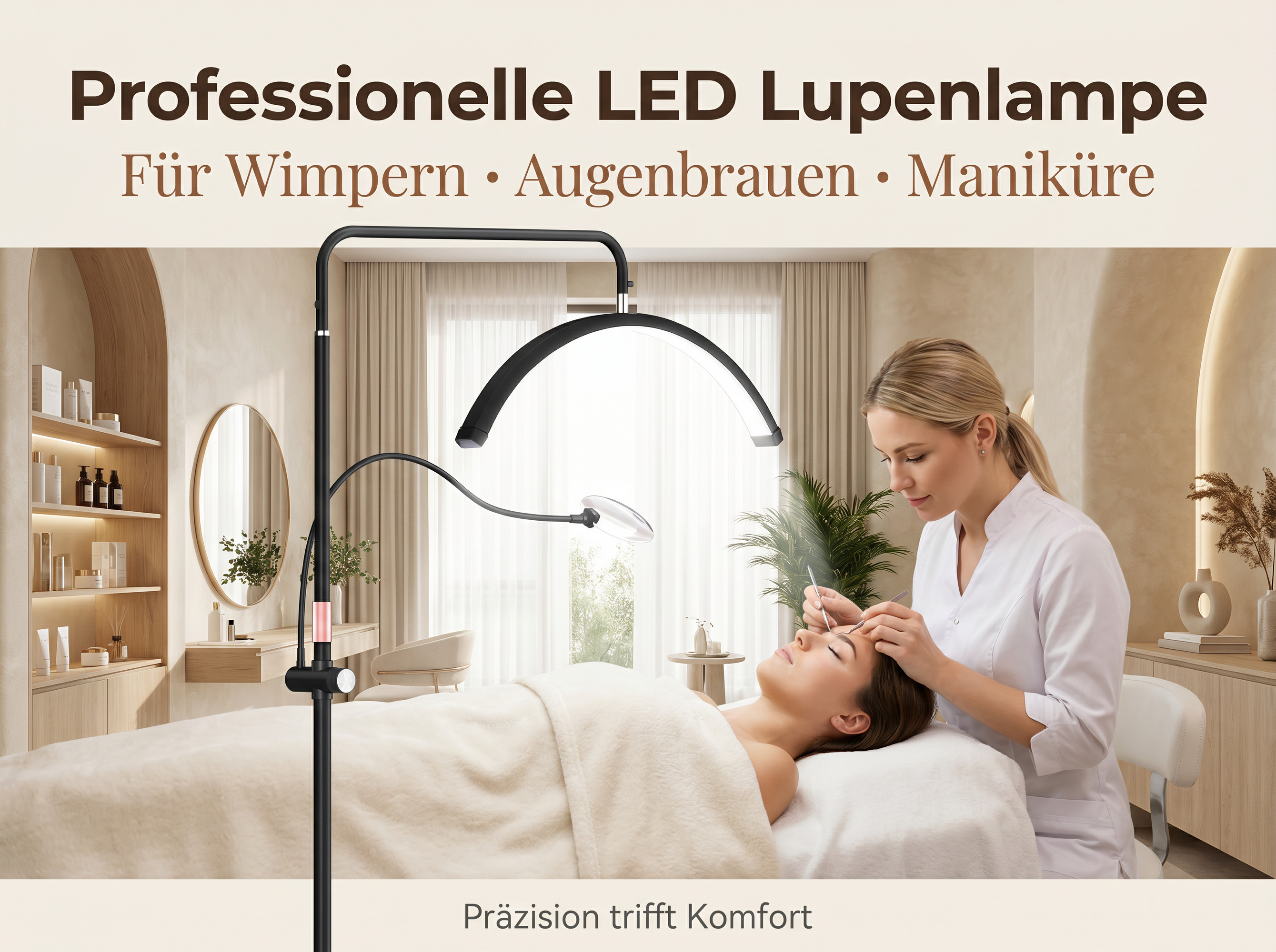 Kosmetikerin behandelt Kundin mit Lupe und Pinzette im Behandlungsraum.