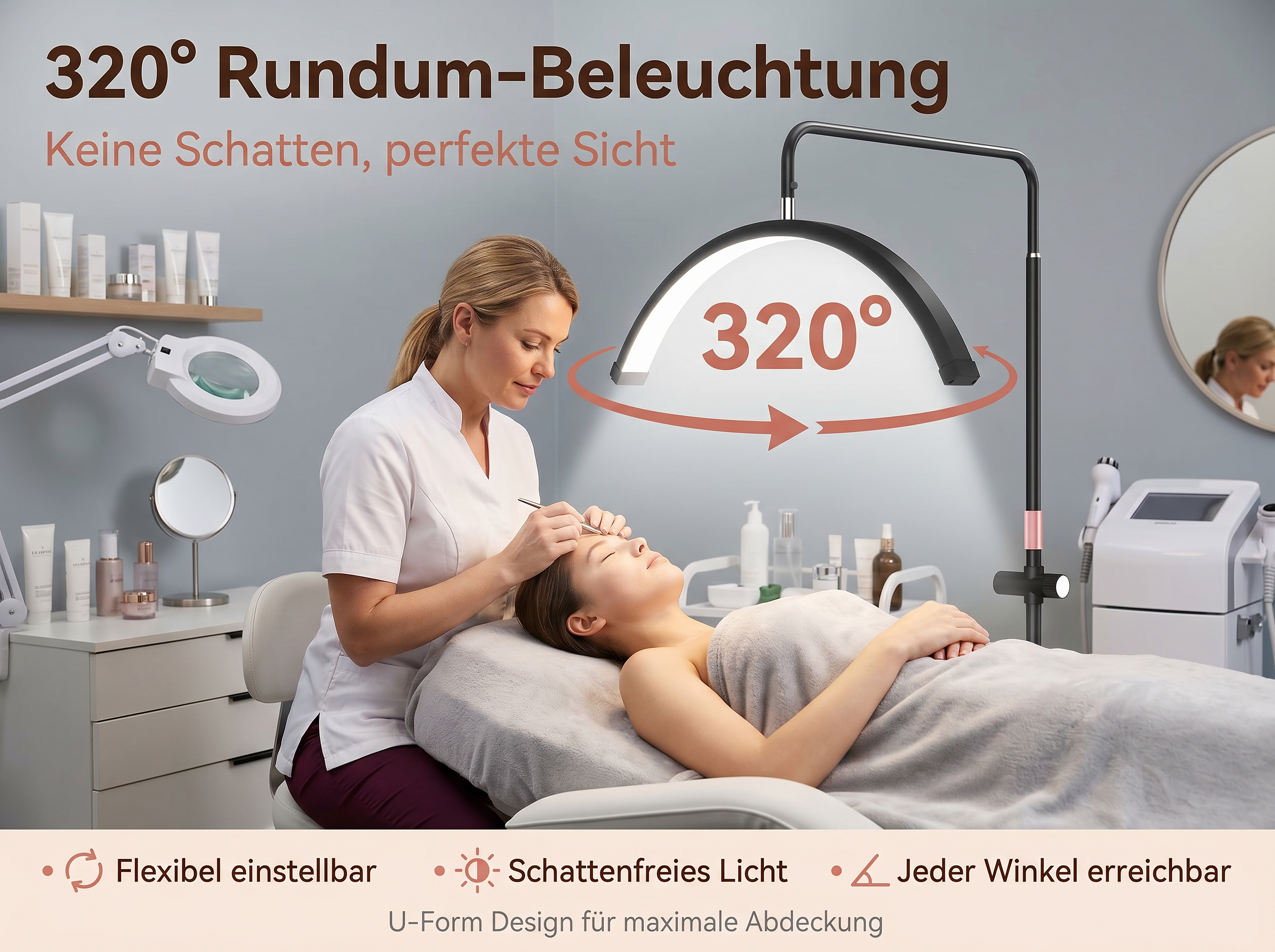 Kosmetikerin behandelt Kundin mit Lupe und 320° Beleuchtung im Studio.