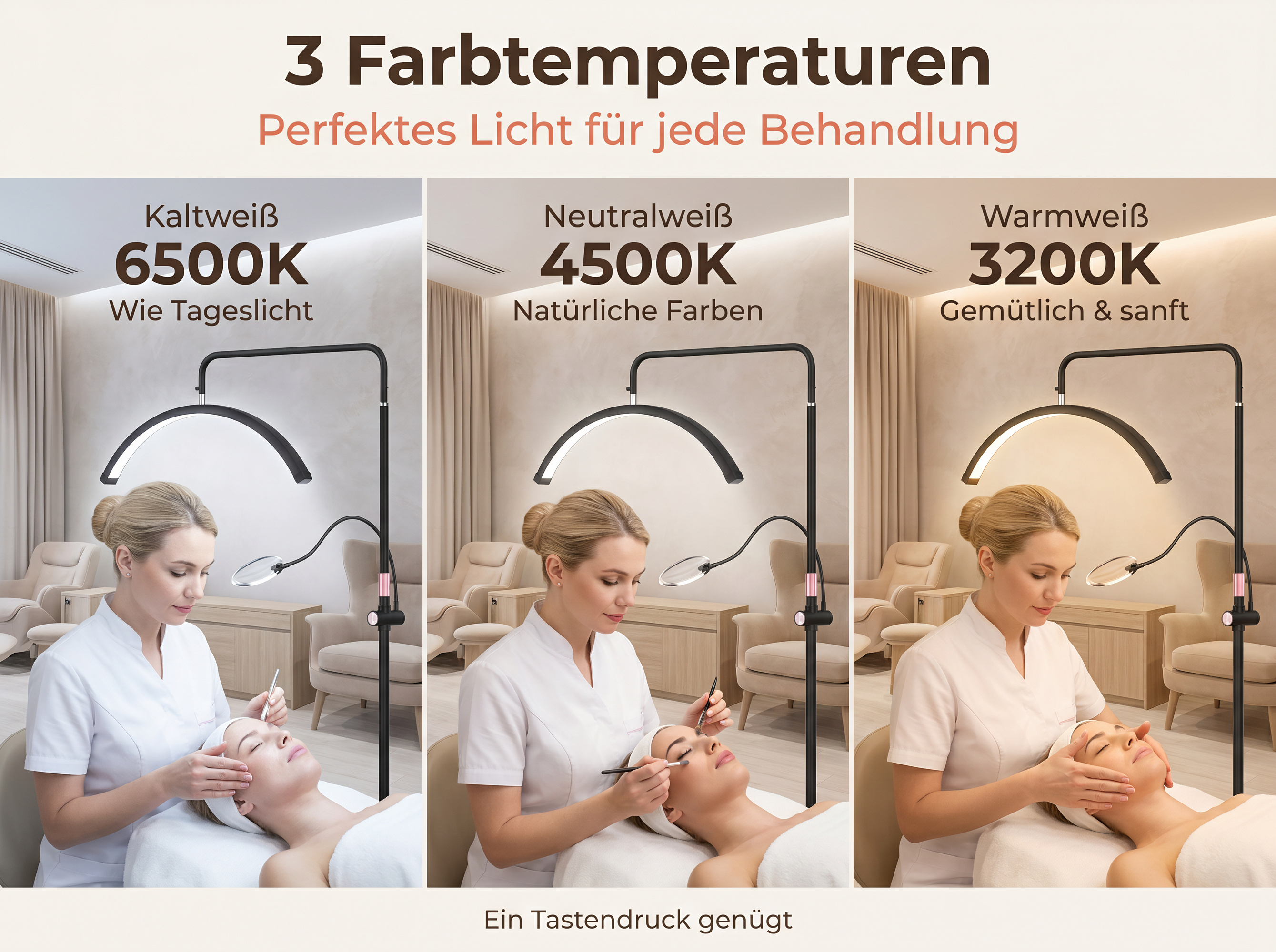 Drei Frauen genießen kosmetische Behandlungen mit unterschiedlichen Lichtfarben.