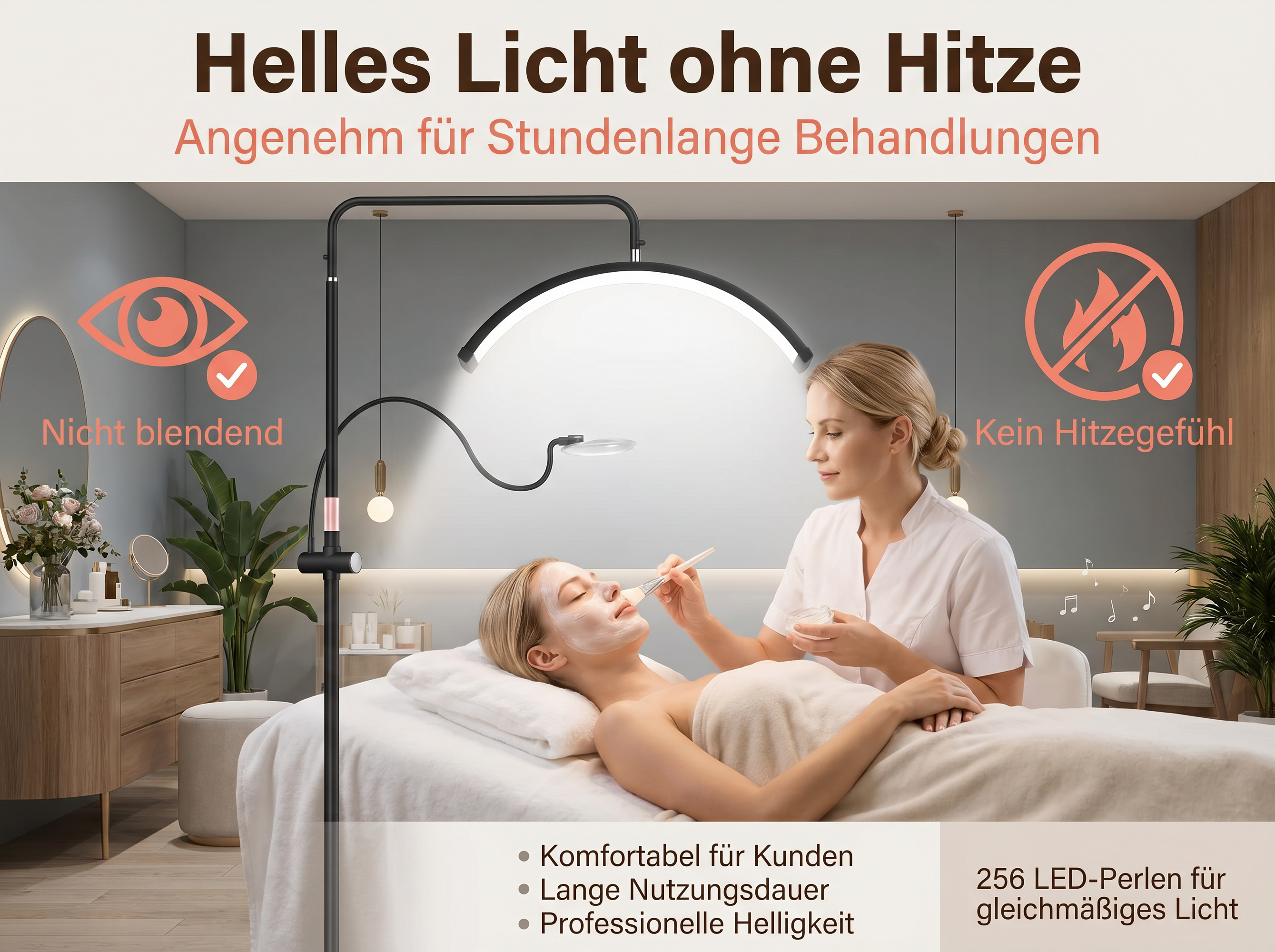 Kosmetikerin trägt Maske auf liegende Kundin auf, beleuchtet von hellem, nicht blendendem Licht.