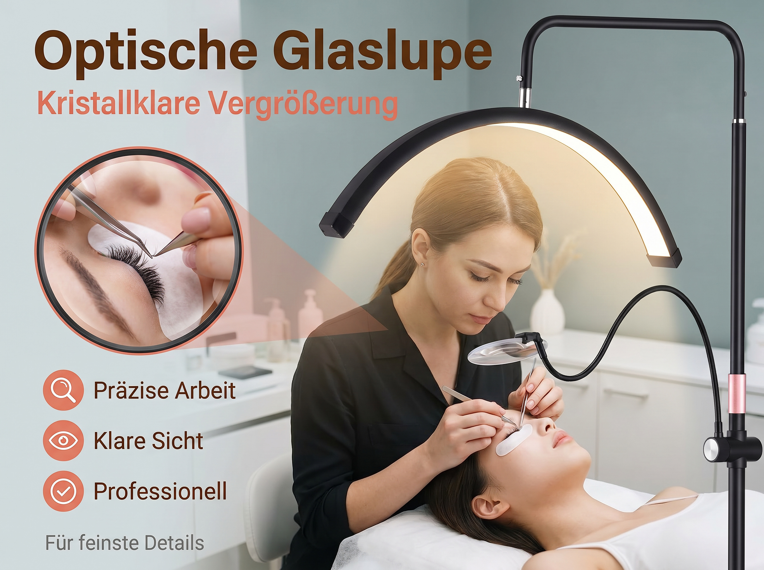Eine Kosmetikerin wendet Wimpernverlängerungen an, beleuchtet von einer Ringlampe.