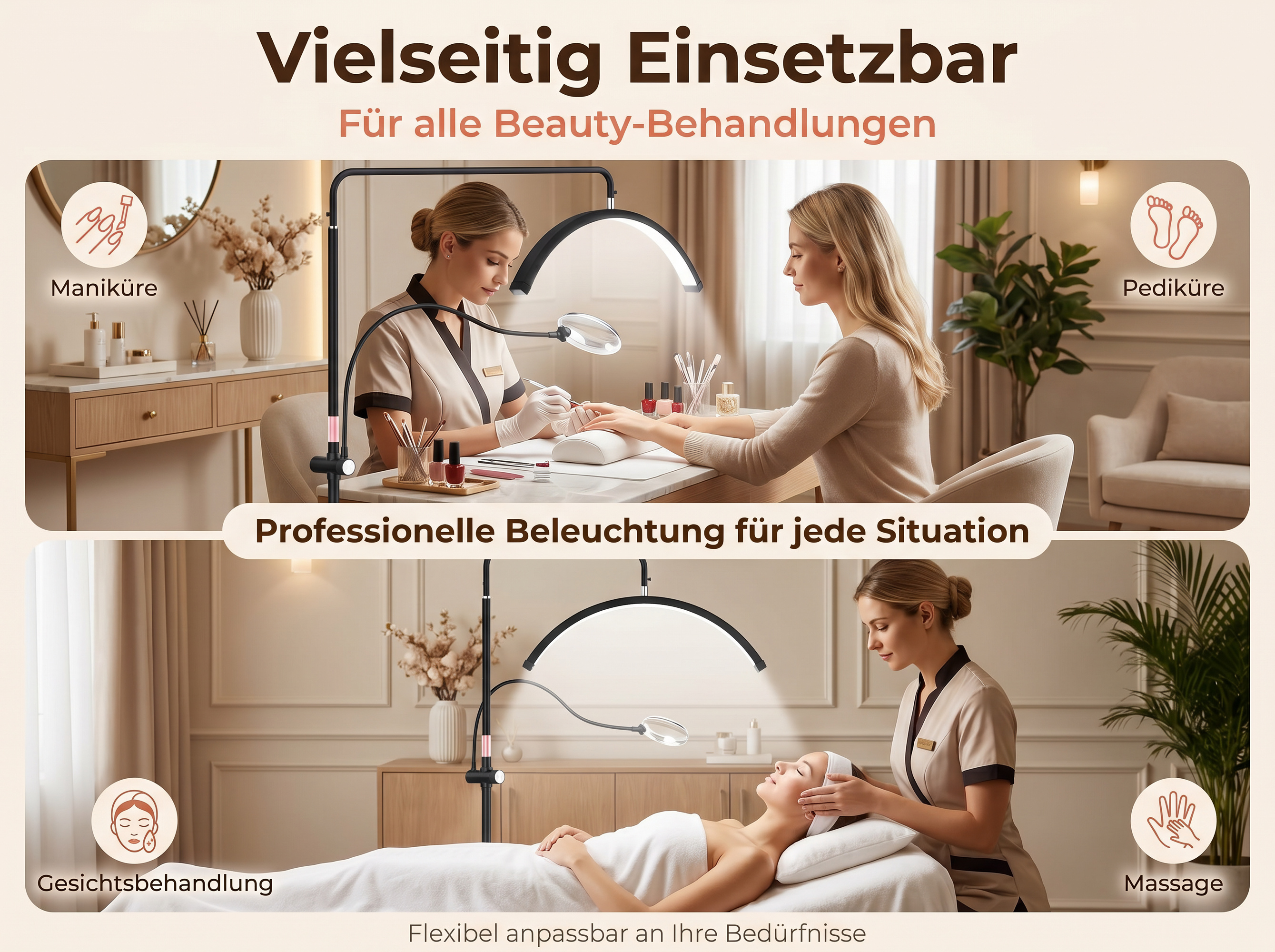 Frauen führen Maniküre und Gesichtsbehandlung durch, mit professioneller Beleuchtung.