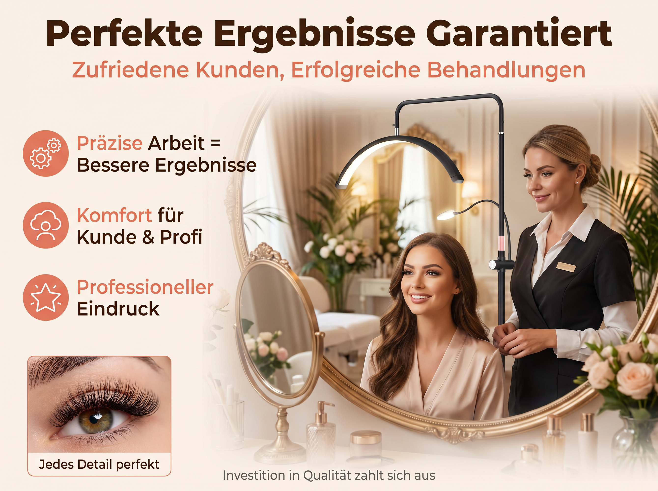 Beautician with client in salon, focus on lashes & beauty treatments.