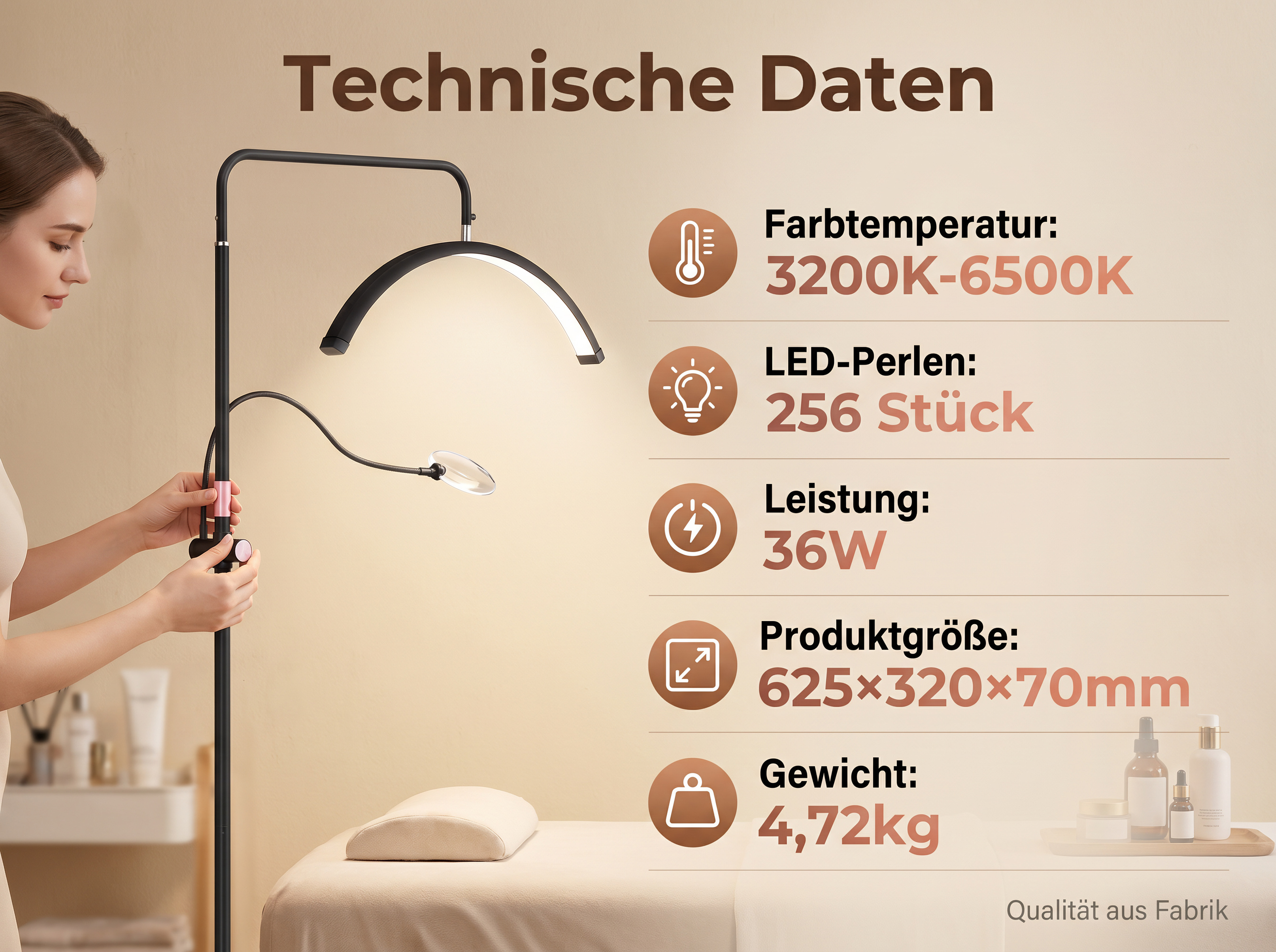 Technische Daten: Lampe, Frau, Bett, Kosmetik. Farbtemperatur 3200-6500K, 256 LEDs, 36W.
