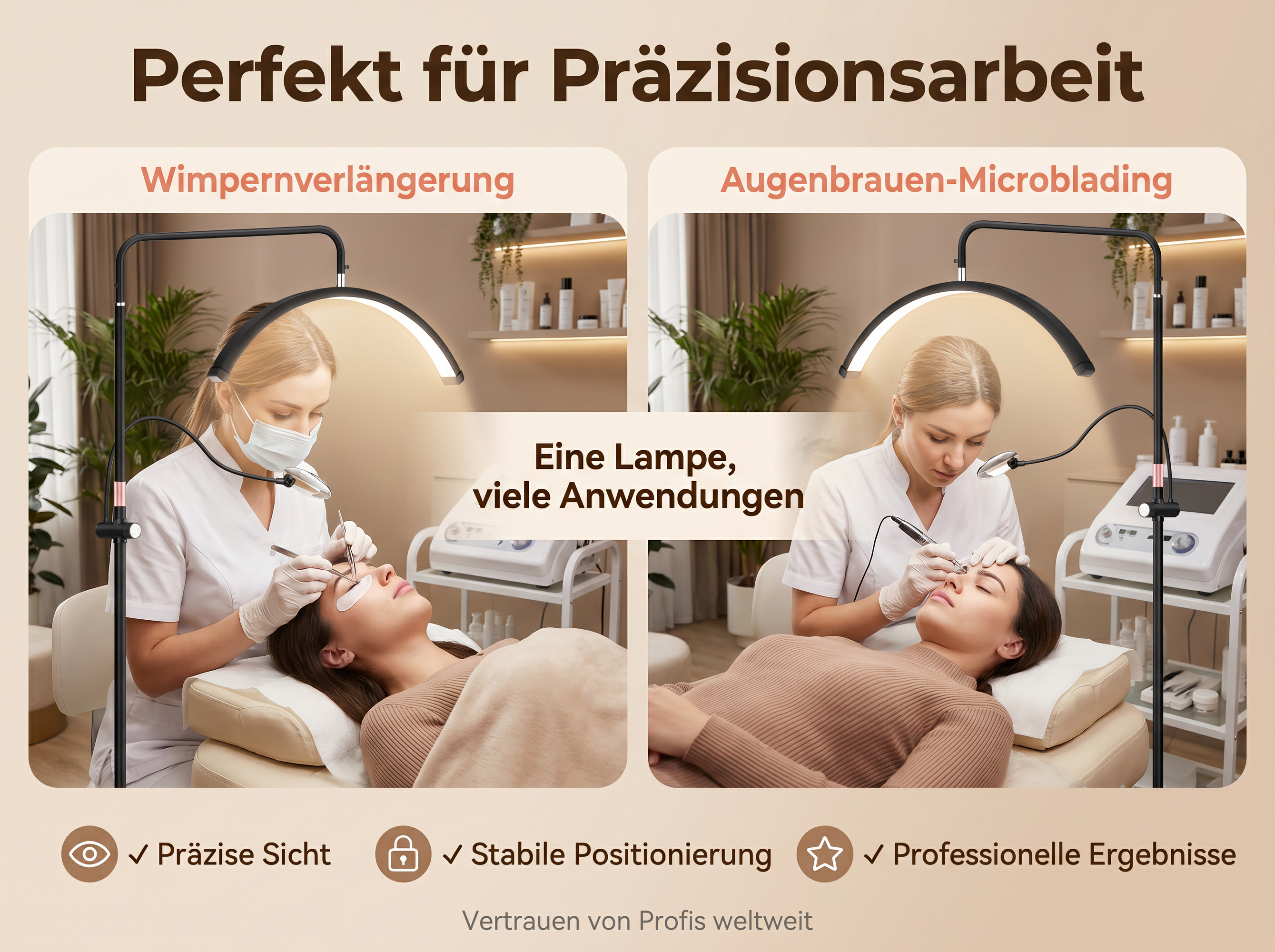 Zwei Kosmetikerinnen führen präzise Behandlungen durch: Wimpernverlängerung und Microblading.