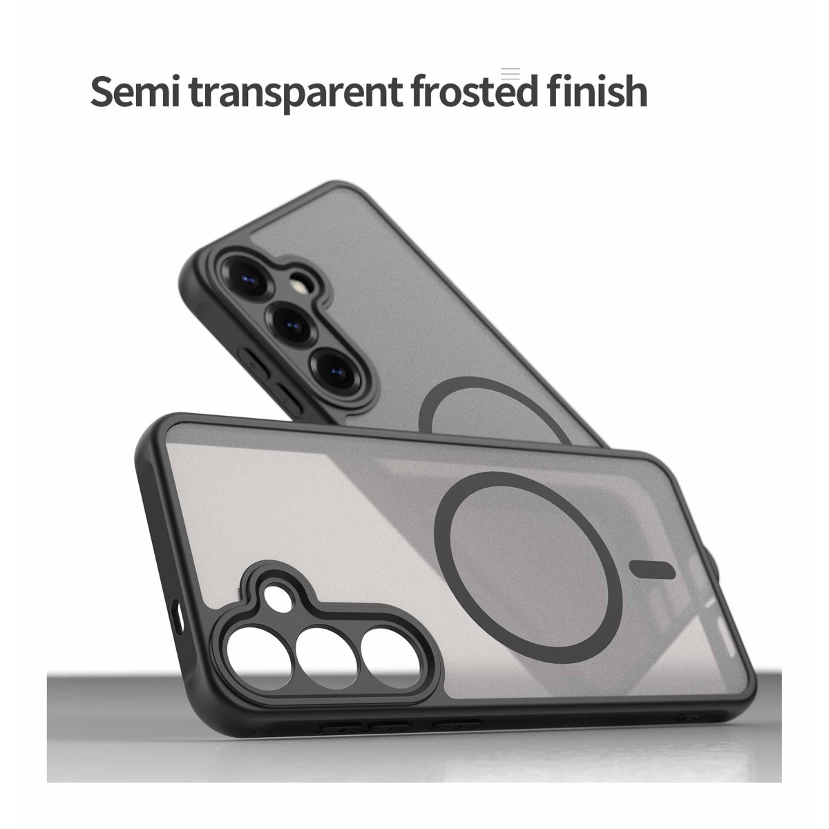 Dos fundas de teléfono semitransparentes y esmeriladas con anillo magnético.