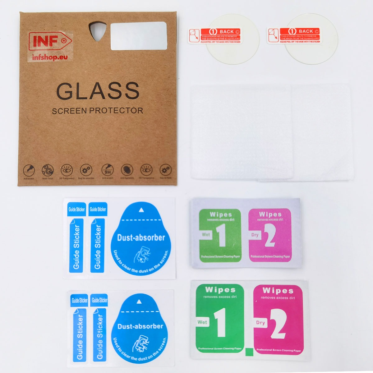 Ein Glas-Displayschutzpaket mit Anleitungsaufklebern, Staubabsorbern und Reinigungstüchern.