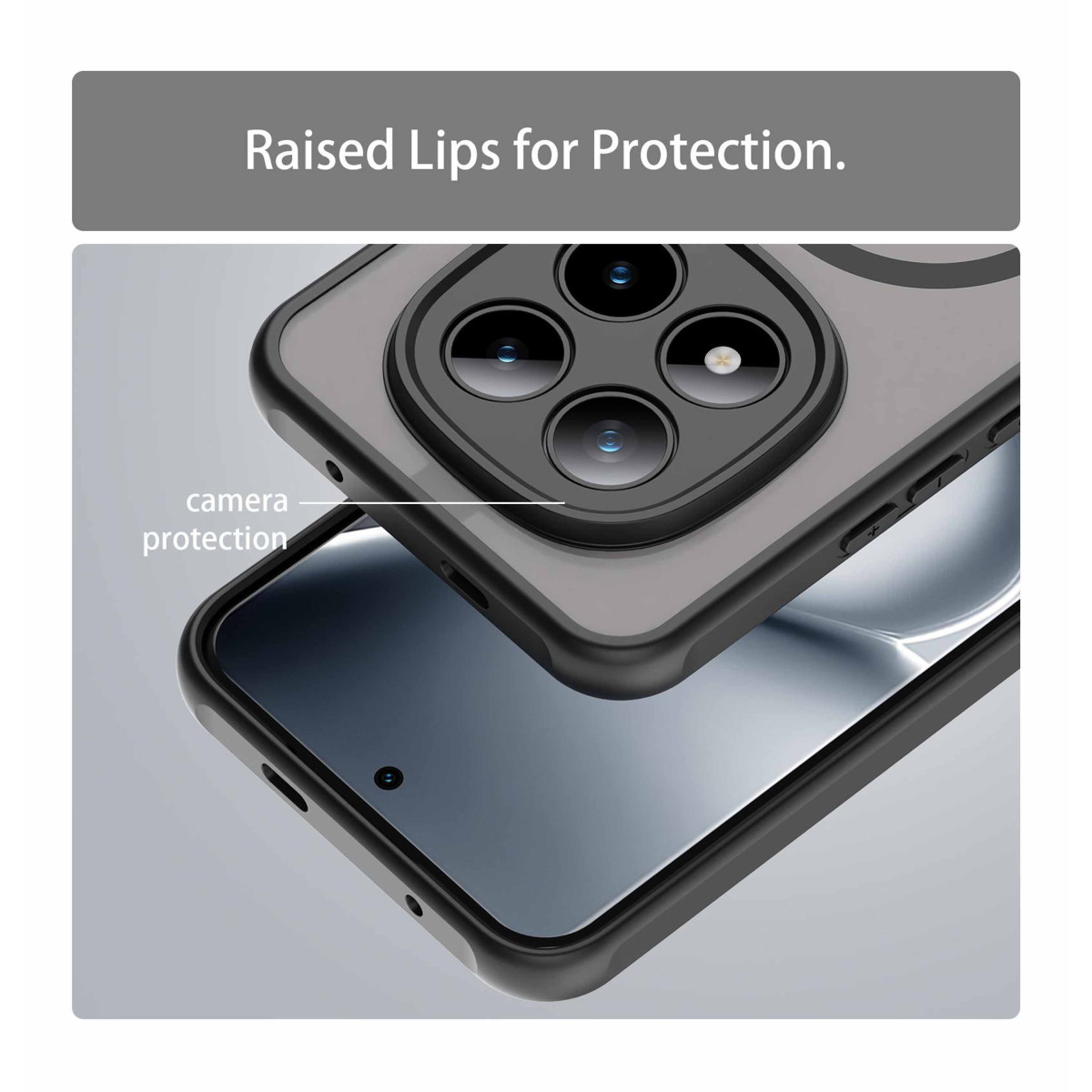 Funda de teléfono negra con bordes elevados y recorte de cámara.
