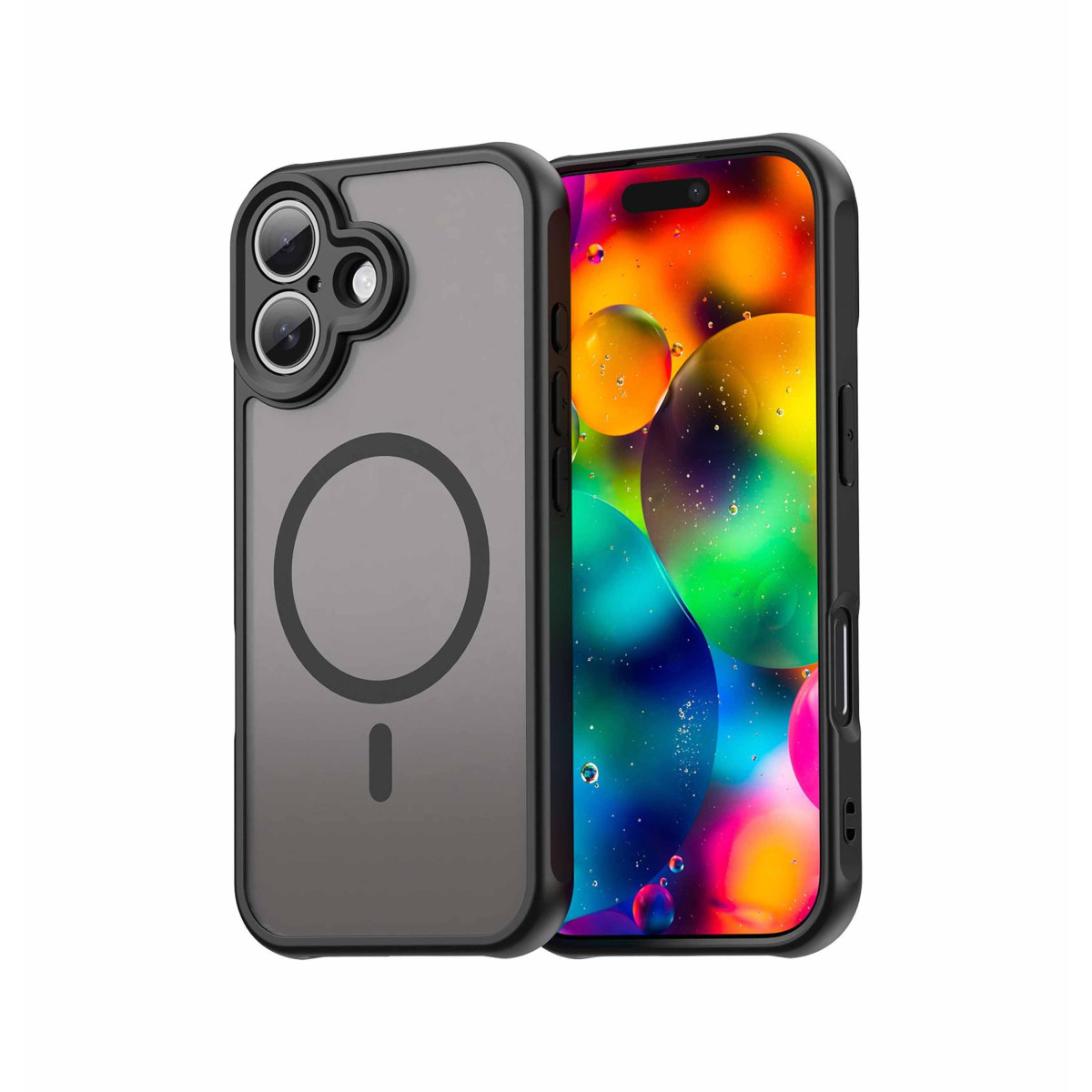 Una funda de teléfono negra con parte trasera transparente y anillo magnético, sobre fondo colorido.