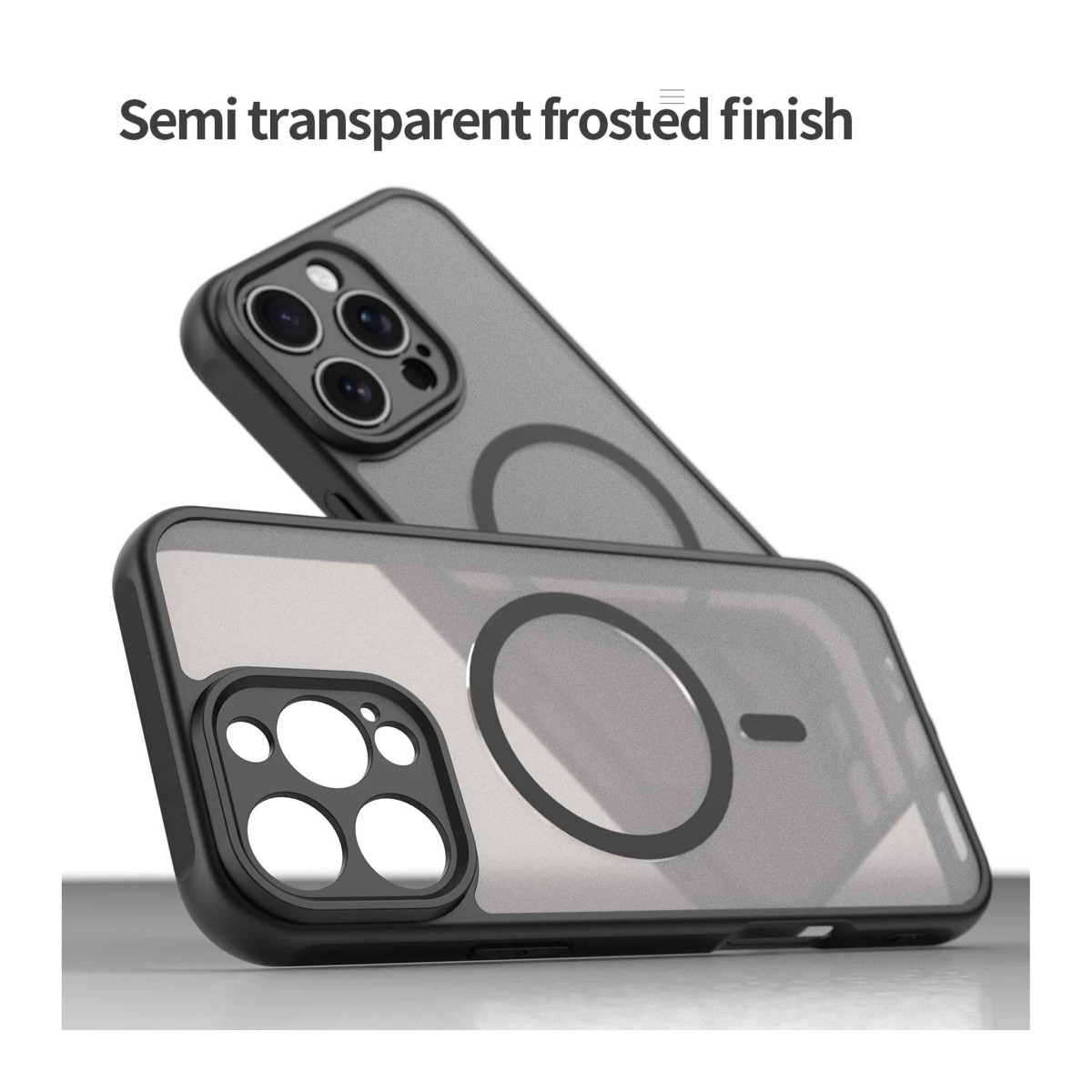 Dos fundas de teléfono semitransparentes con anillos magnéticos y bordes oscuros.