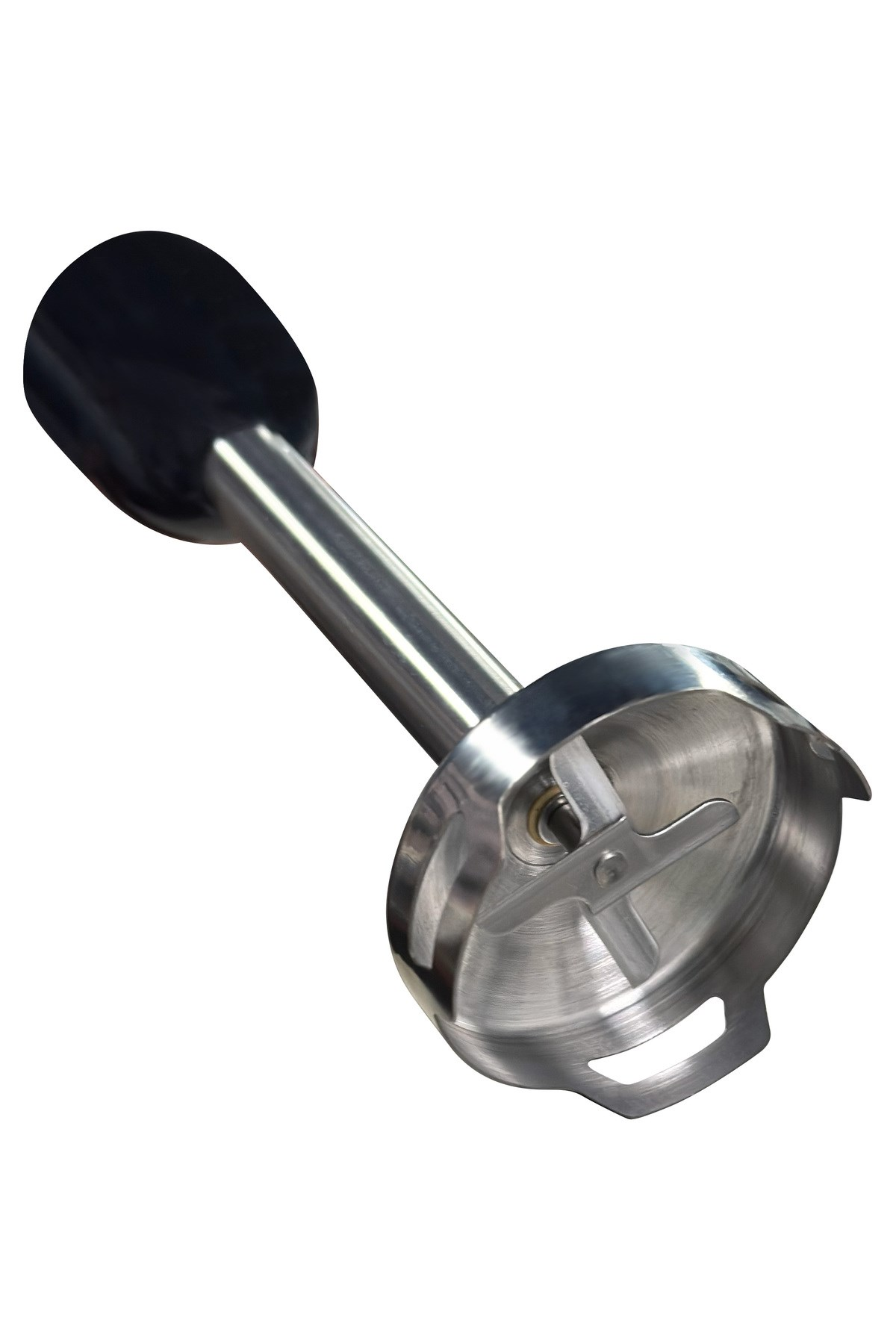 Siyah saplı ve metal bıçaklı daldırma blender aparatı.