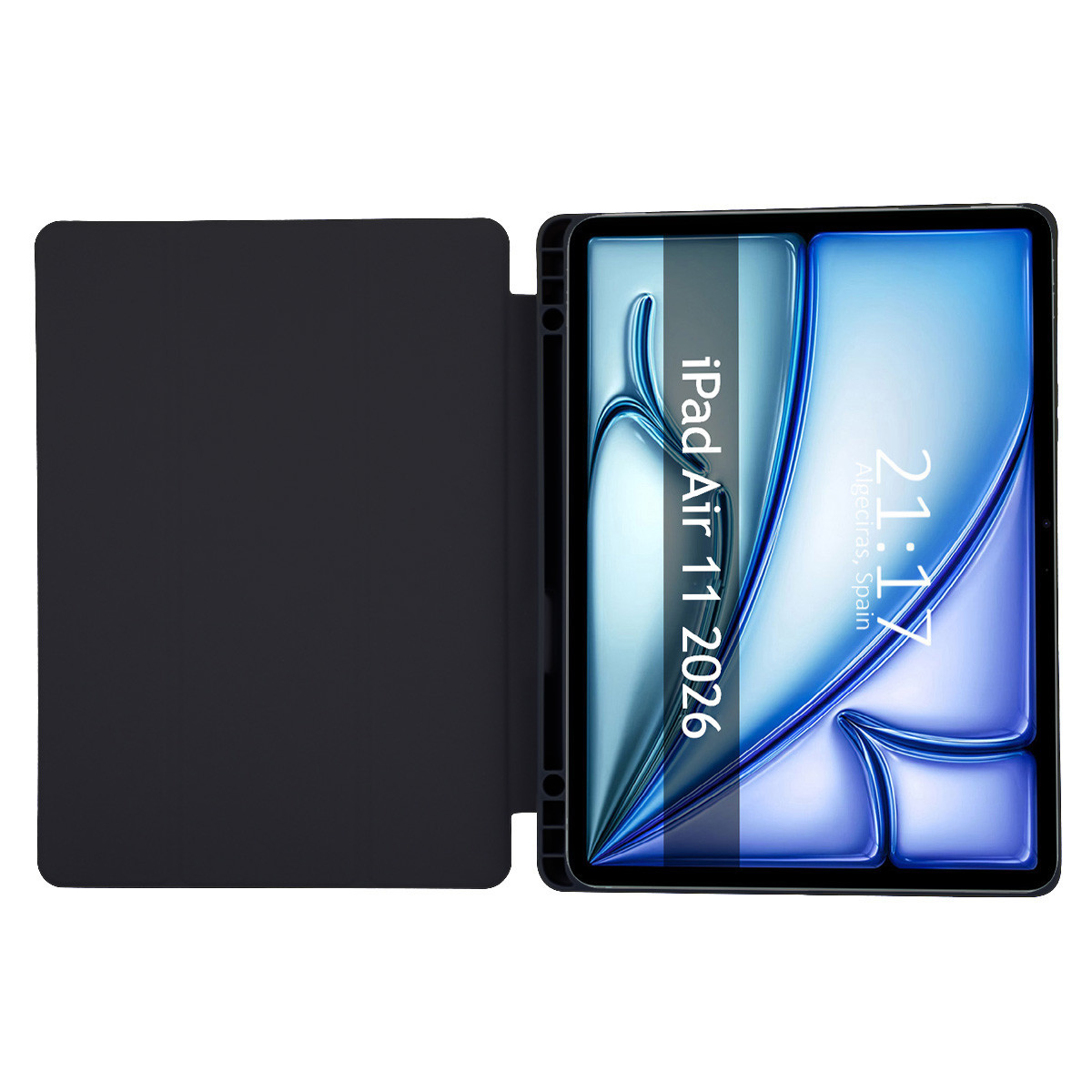 Un iPad negro con tapa abierta muestra la pantalla con hora y ubicación.