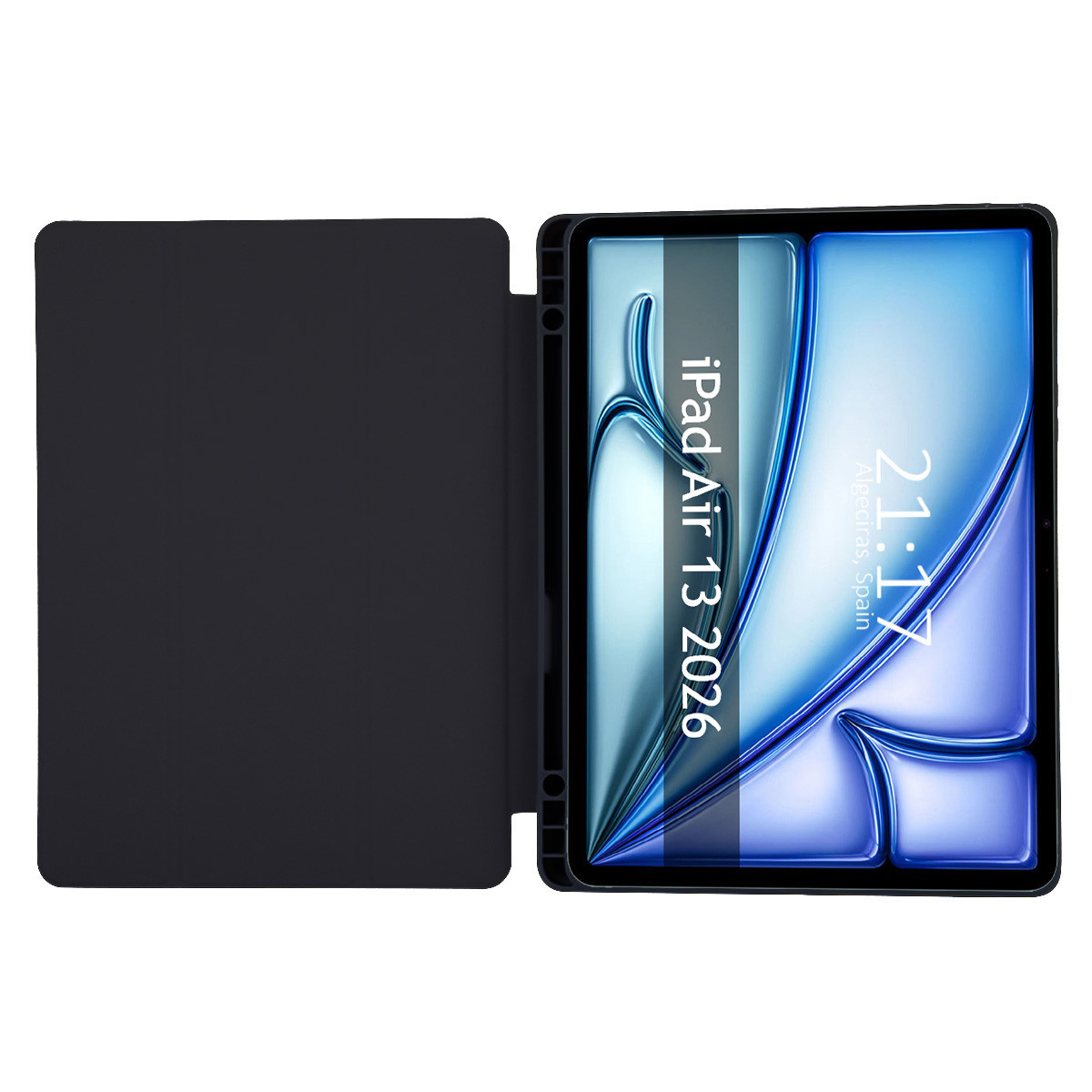 Una tableta negra con una cubierta protectora abierta. La pantalla muestra iPad Air 2026.