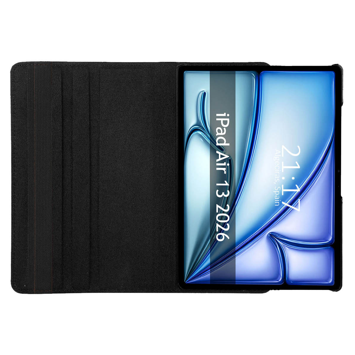 Funda negra iPad Air 2026 abierta, muestra pantalla azul con hora 21:17.